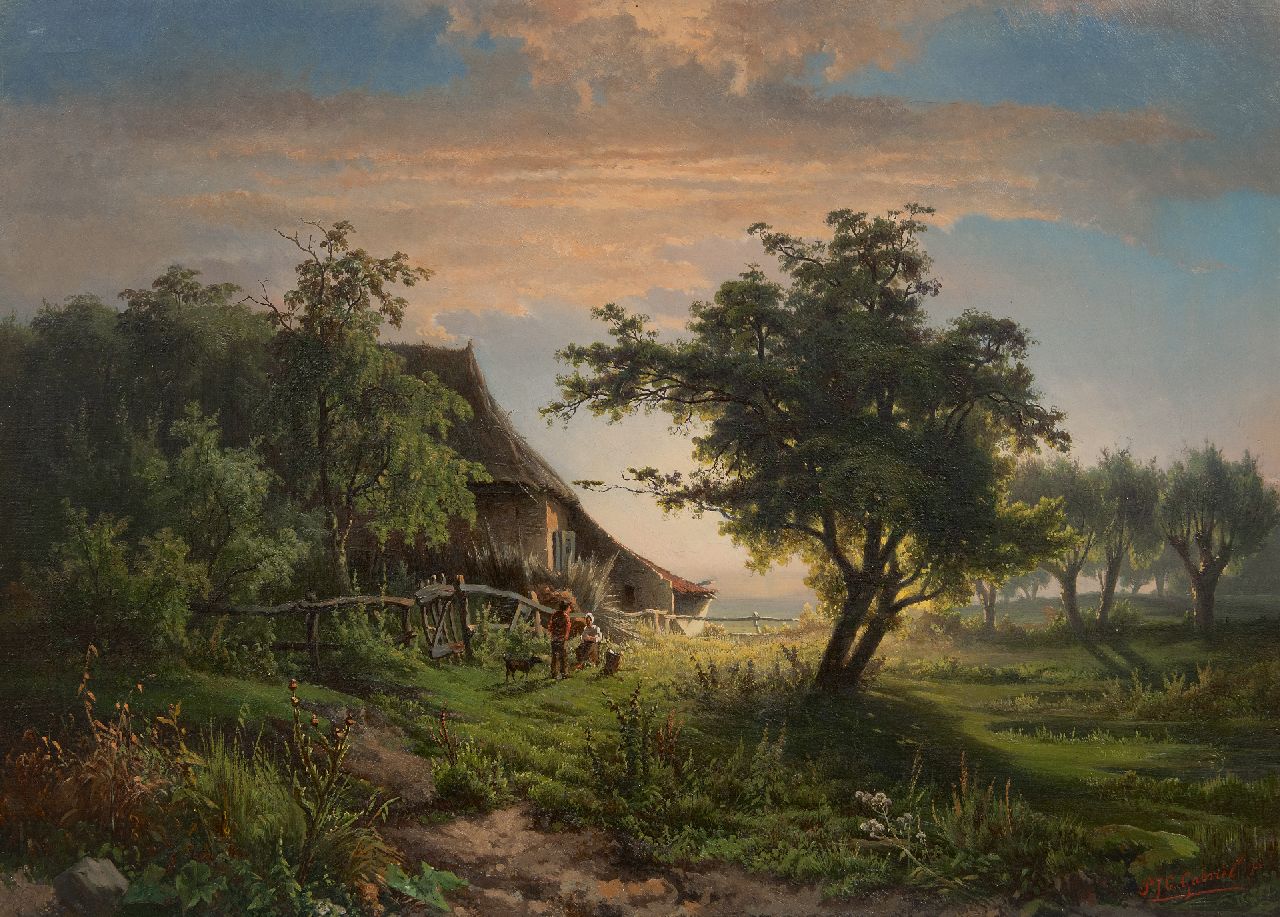 Gabriel P.J.C. | Paul Joseph Constantin 'Constan(t)' Gabriel, Landschap met boerderij bij zonsondergang, olieverf op doek 45,5 x 63,0 cm, gesigneerd rechtsonder en te dateren ca. 1855 Gabriel P.J.C. | Paul Joseph Constantin 'Constan(t)' Gabriel, Landschap met boerderij bij zonsondergang, olieverf op doek 45,5 x 63,0 cm, gesigneerd rechtsonder en te dateren ca. 1855