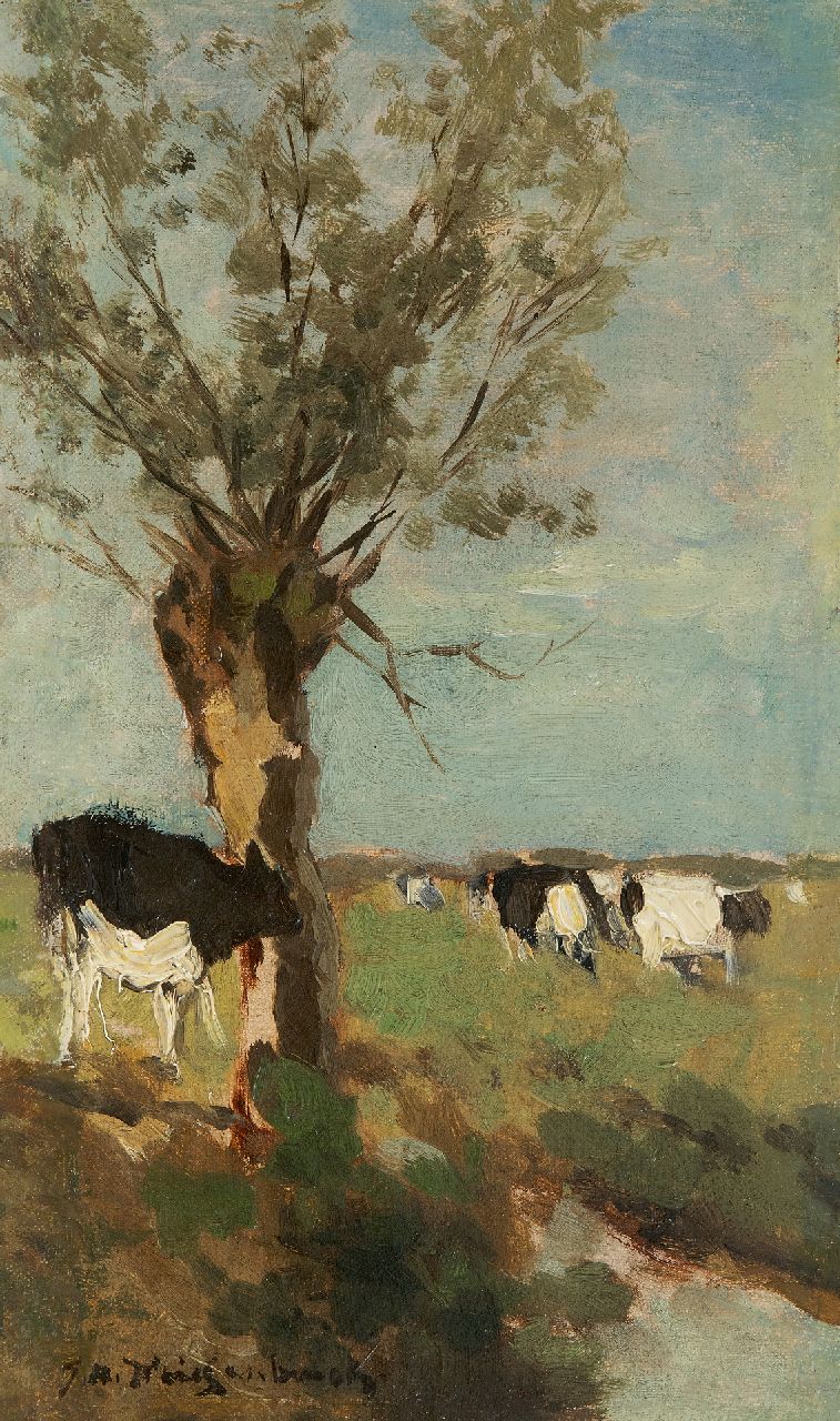 Weissenbruch H.J. | Hendrik Johannes 'J.H.' Weissenbruch, Koeien bij een knotwilg, olieverf op doek op paneel 32,1 x 19,1 cm, gesigneerd linksonder en te dateren jaren 90 Weissenbruch H.J. | Hendrik Johannes 'J.H.' Weissenbruch, Koeien bij een knotwilg, olieverf op doek op paneel 32,1 x 19,1 cm, gesigneerd linksonder en te dateren jaren 90