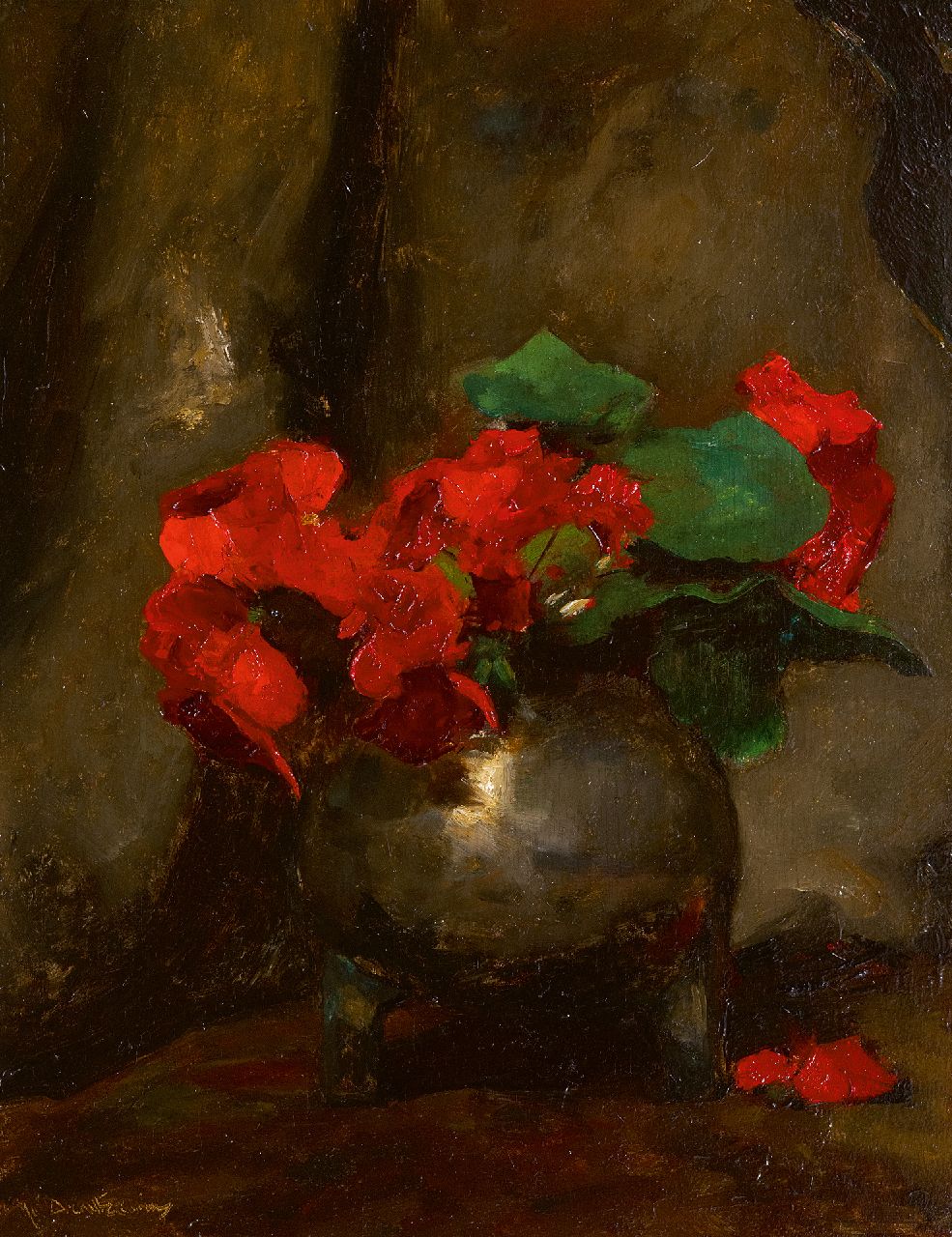 Arntzenius P.F.N.J. | Pieter Florentius Nicolaas Jacobus 'Floris' Arntzenius, Rode Oost-Indische kers in een metalen pot, olieverf op paneel 35,6 x 28,0 cm, gesigneerd linksonder Arntzenius P.F.N.J. | Pieter Florentius Nicolaas Jacobus 'Floris' Arntzenius, Rode Oost-Indische kers in een metalen pot, olieverf op paneel 35,6 x 28,0 cm, gesigneerd linksonder
