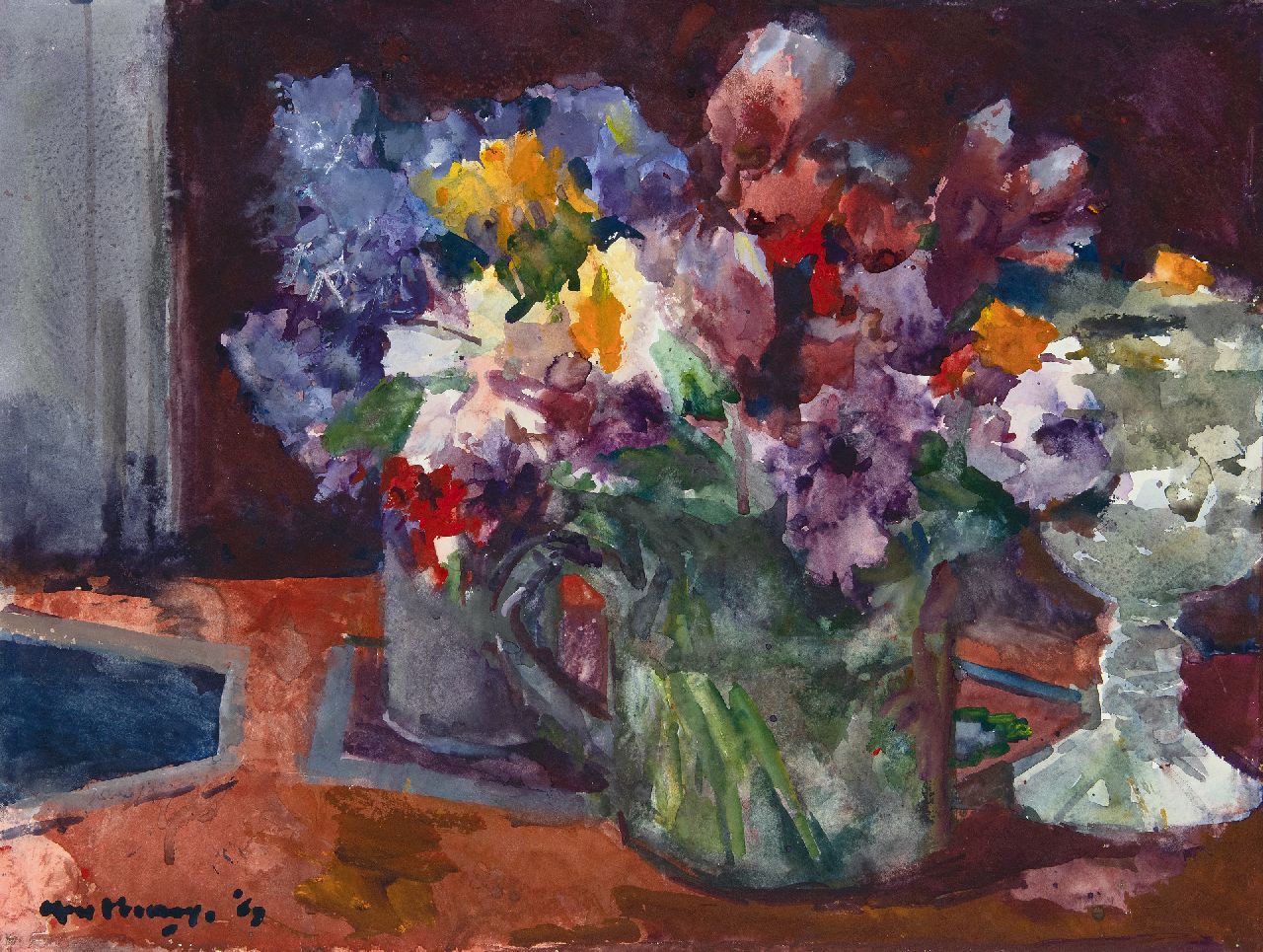 Verwey K.  | Kees Verwey | Aquarellen en tekeningen te koop aangeboden | Vazen met bloemen; verso: zomerbloemen, aquarel op papier 48,8 x 63,9 cm, gesigneerd linksonder en verso ook linksonder en gedateerd '69