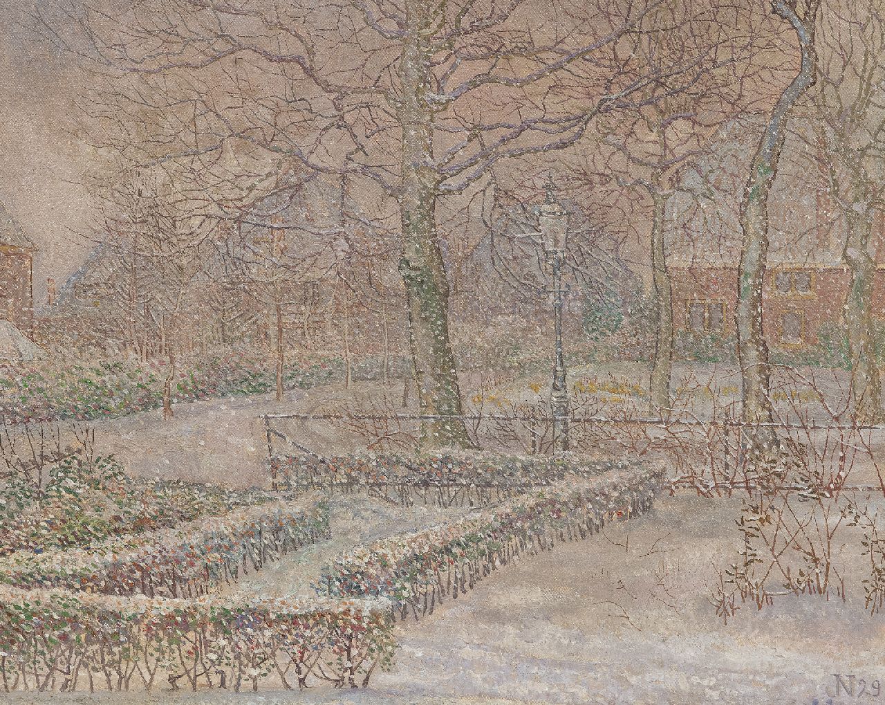 Nieweg J. | Jakob Nieweg, Tuin van de schilder in de sneeuw, Amersfoort, olieverf op doek 40,5 x 50,5 cm, gesigneerd rechtsonder met monogram en gedateerd '29 Nieweg J. | Jakob Nieweg, Tuin van de schilder in de sneeuw, Amersfoort, olieverf op doek 40,5 x 50,5 cm, gesigneerd rechtsonder met monogram en gedateerd '29