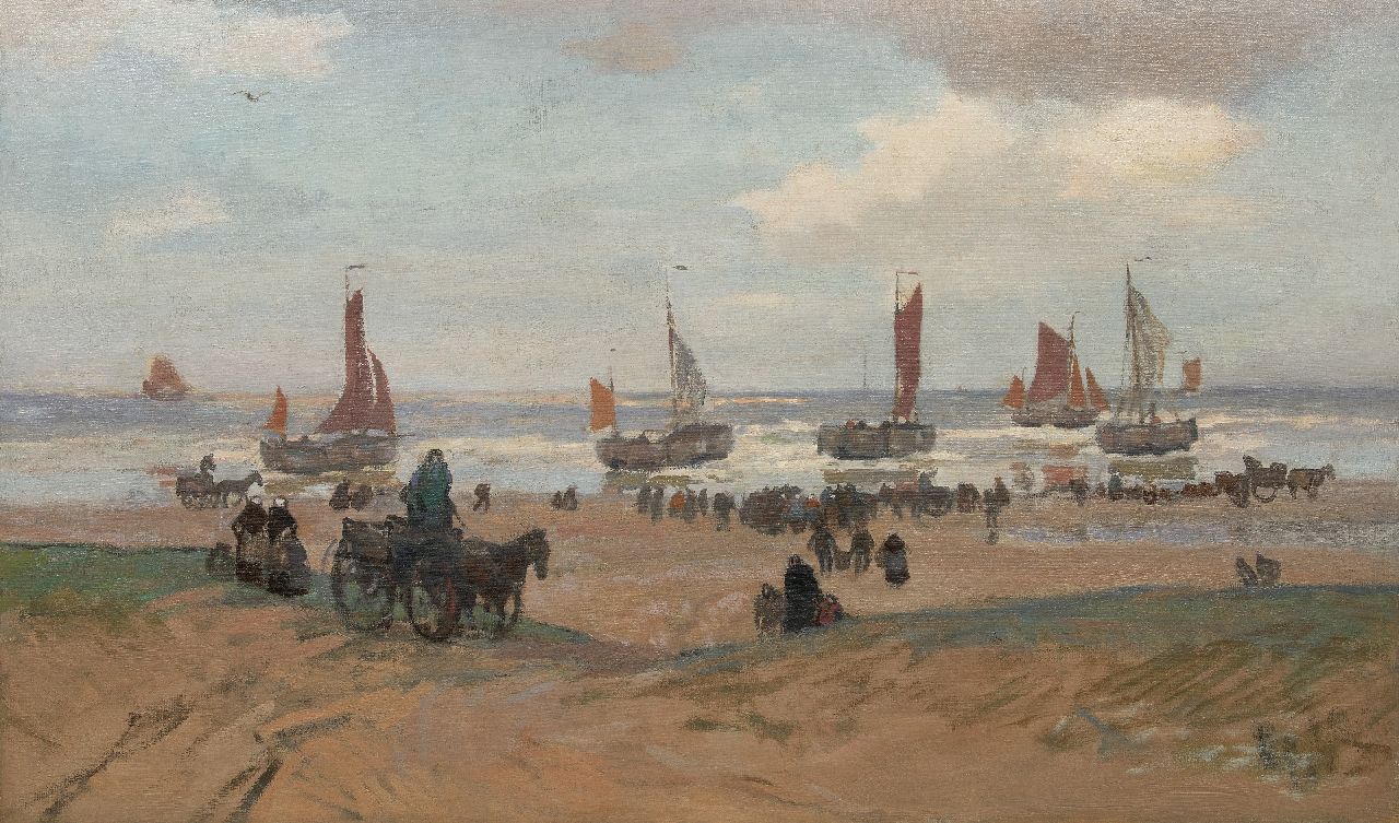 Sluiter J.W.  | Jan Willem 'Willy' Sluiter | Schilderijen te koop aangeboden | Wachten op de vangst op het strand van Katwijk aan Zee, olieverf op doek 89,0 x 149,5 cm, gesigneerd op spieraam en te dateren ca. 1898-1909