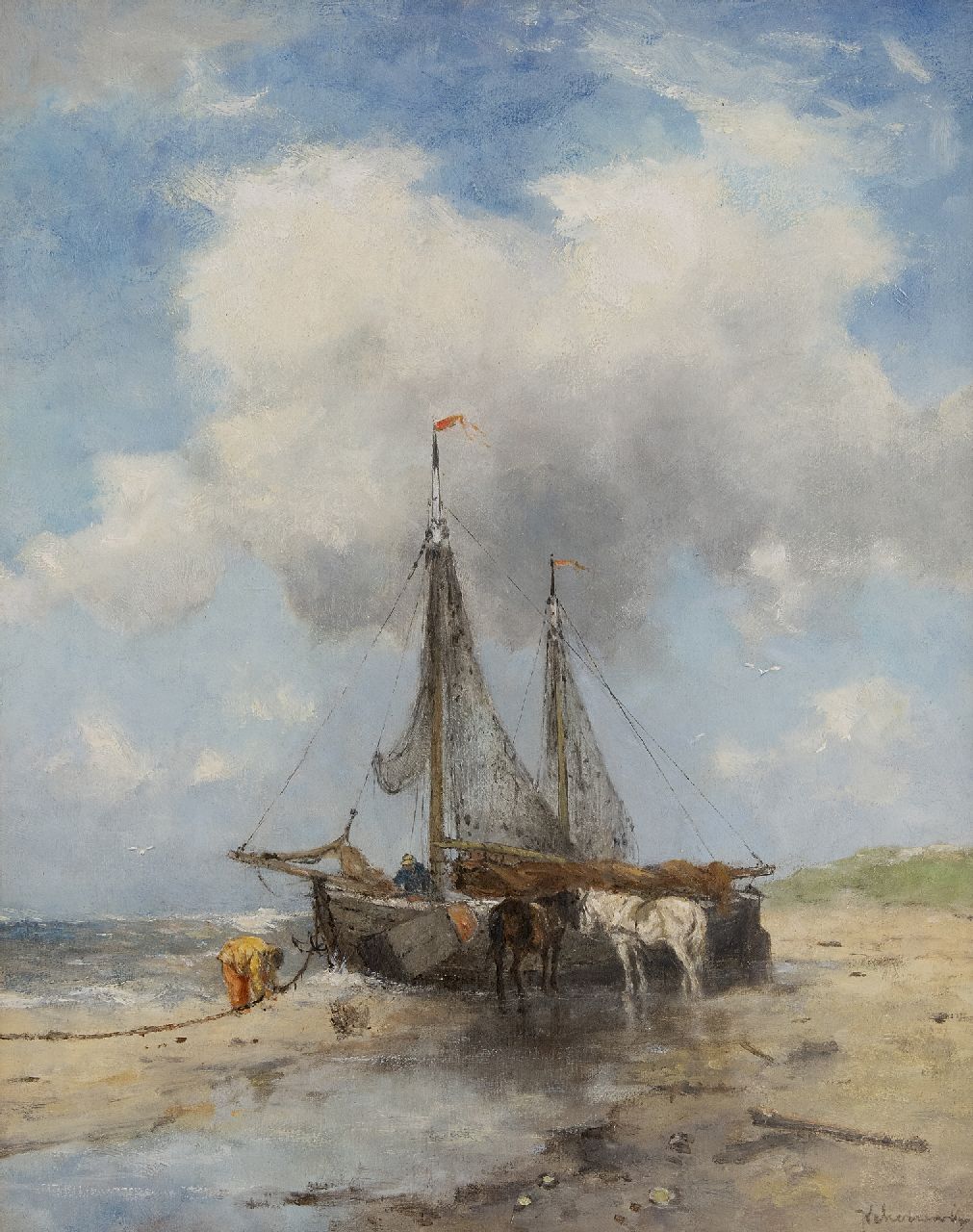 Scherrewitz J.F.C. | Johan Frederik Cornelis Scherrewitz | Schilderijen te koop aangeboden | Bomschuiten op het strand, olieverf op doek 50,5 x 40,5 cm, gesigneerd rechtsonder Scherrewitz J.F.C. | Johan Frederik Cornelis Scherrewitz | Schilderijen te koop aangeboden | Bomschuiten op het strand, olieverf op doek 50,5 x 40,5 cm, gesigneerd rechtsonder