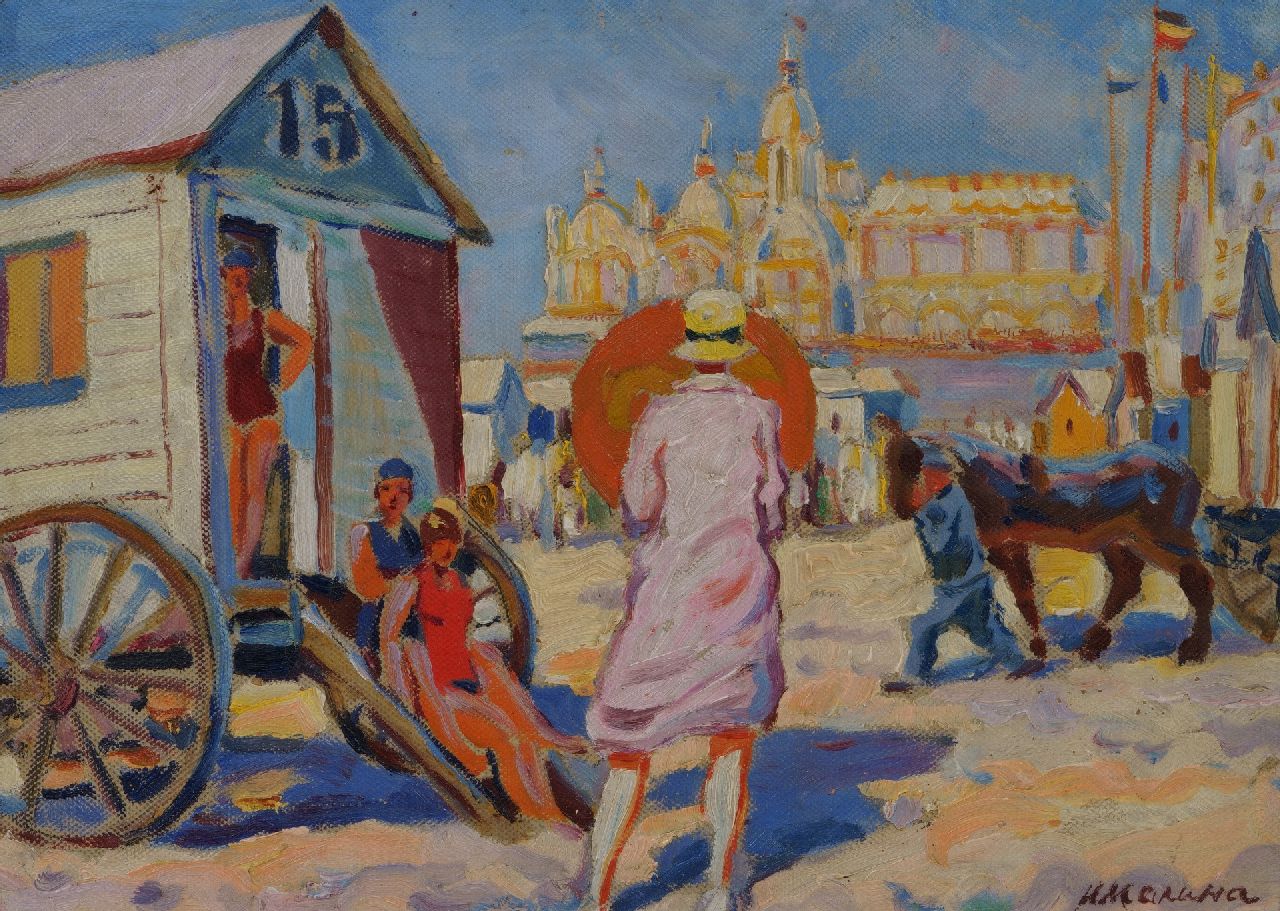 Belgische School, eerste helft 20e eeuw   | Belgische School, eerste helft 20e eeuw | Schilderijen te koop aangeboden | Strandgezicht met badgasten, olieverf op doek op paneel 25,3 x 35,0 cm, gesigneerd rechtsonder