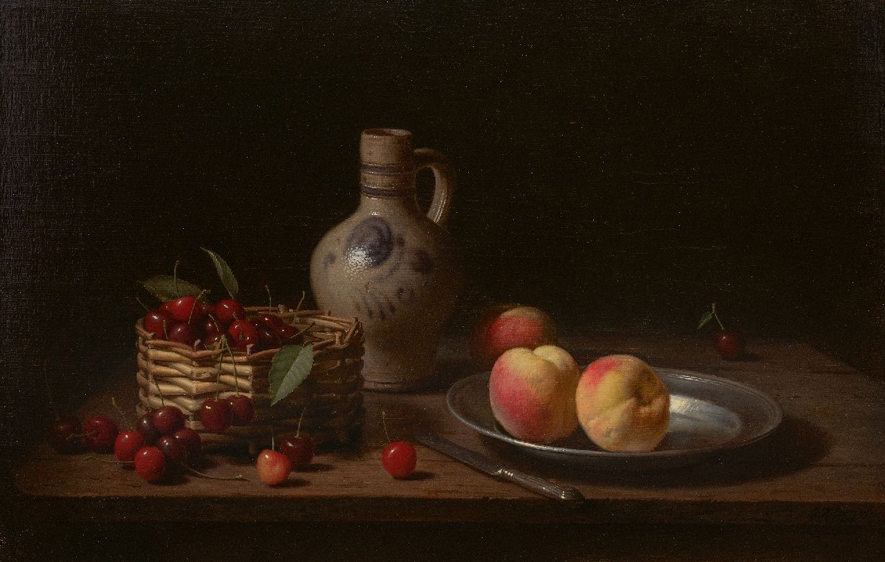 Eversen J.H. | Johannes Hendrik 'Jan' Eversen | Schilderijen te koop aangeboden | Stilleven met kersen in mand, kruik en perziken, olieverf op doek 40,8 x 61,0 cm, gesigneerd rechtsonder en gedateerd 1973 Eversen J.H. | Johannes Hendrik 'Jan' Eversen | Schilderijen te koop aangeboden | Stilleven met kersen in mand, kruik en perziken, olieverf op doek 40,8 x 61,0 cm, gesigneerd rechtsonder en gedateerd 1973