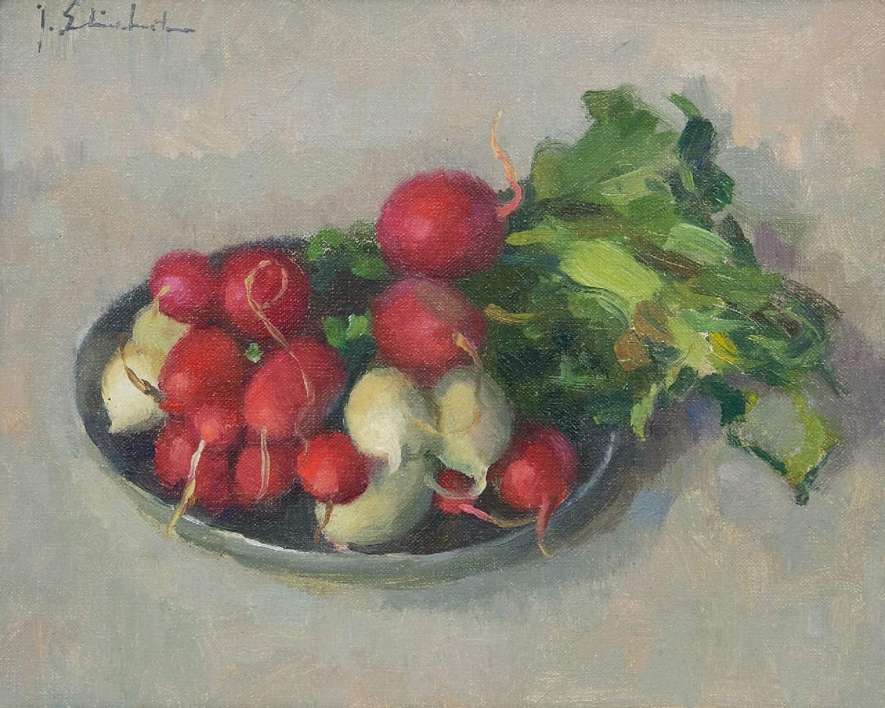 Stierhout J.A.U.  | Josephus Antonius Ubaldus 'Joop' Stierhout, Rode en witte radijs op een schotel, olieverf op doek 20,1 x 25,3 cm, gesigneerd linksboven