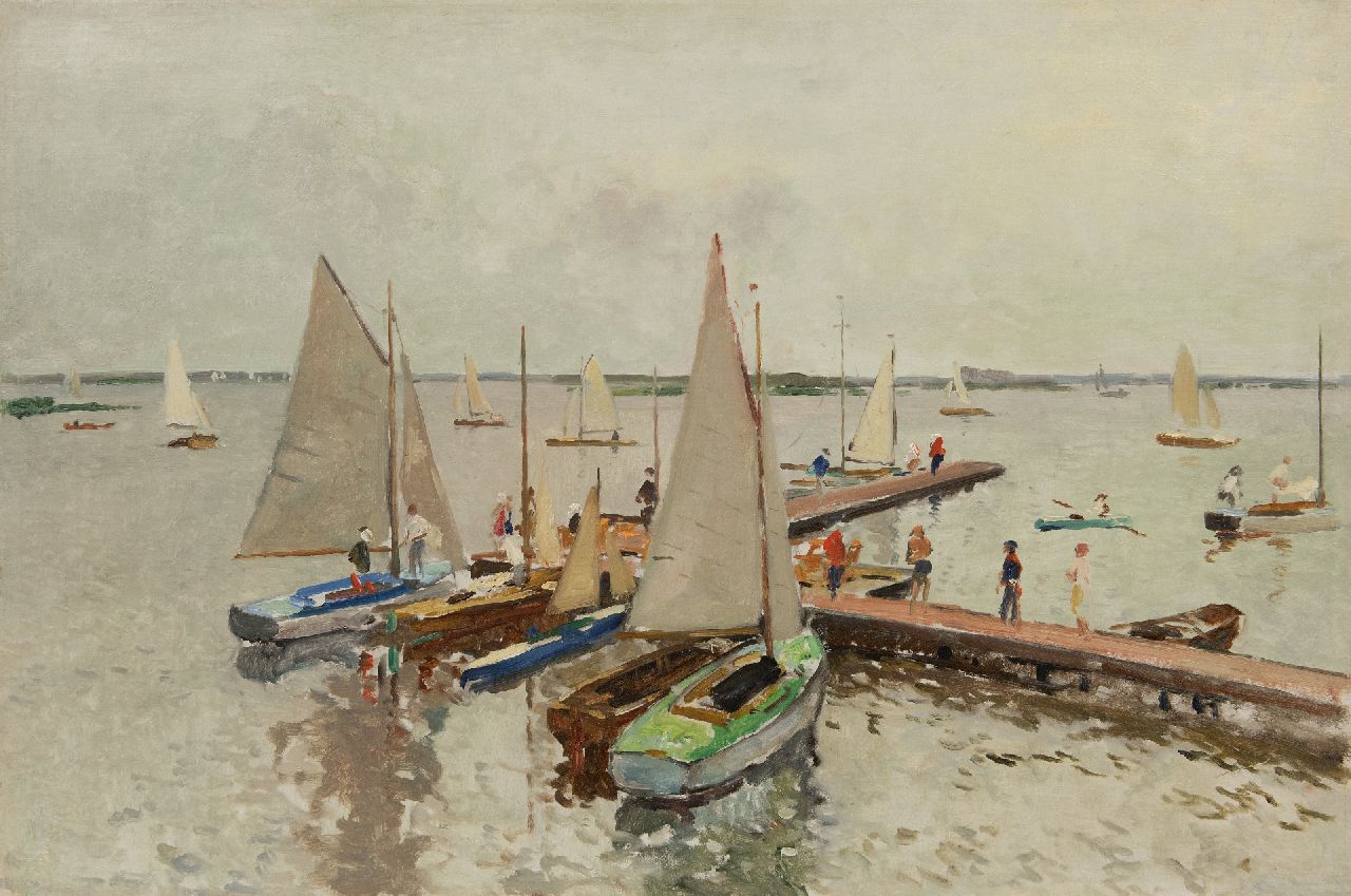 Vreedenburgh C.  | Cornelis Vreedenburgh, Afgemeerde zeilboten op de Loosdrechtse Plassen, olieverf op doek 59,0 x 89,0 cm, gesigneerd rechtsonder (resten) en te dateren ca. 1937