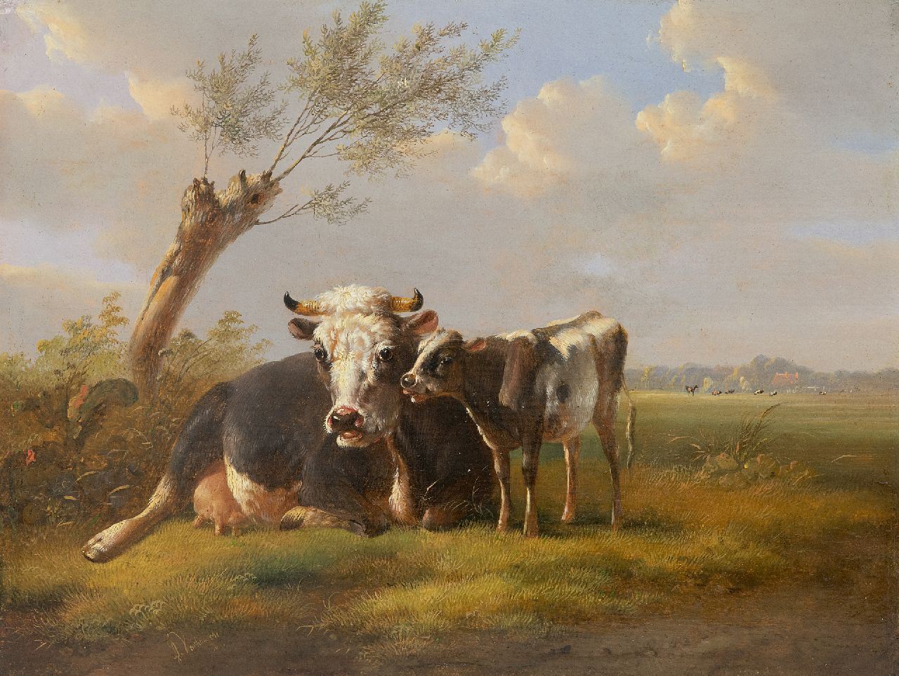 Verhoesen A. | Albertus Verhoesen, Koe en haar kalf in een weidelandschap, olieverf op paneel 23,0 x 29,8 cm, gesigneerd linksonder en gedateerd 1853 Verhoesen A. | Albertus Verhoesen, Koe en haar kalf in een weidelandschap, olieverf op paneel 23,0 x 29,8 cm, gesigneerd linksonder en gedateerd 1853