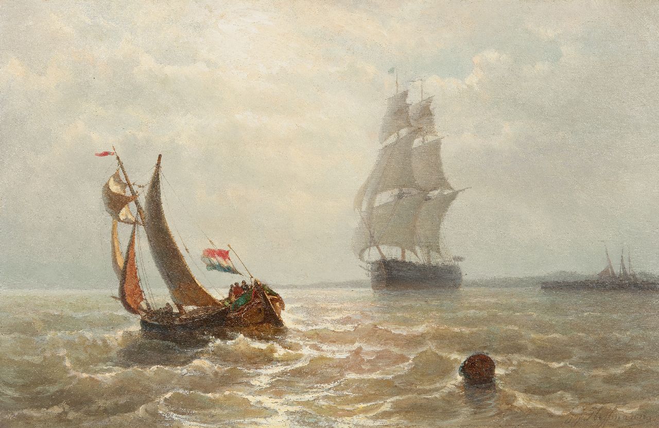 George Johannes Hoffmann | Uitvarende boeier in een stevige bries, olieverf op paneel, 32,7 x 49,9 cm, gesigneerd r.o. George Johannes Hoffmann | Uitvarende boeier in een stevige bries, olieverf op paneel, 32,7 x 49,9 cm, gesigneerd r.o.
