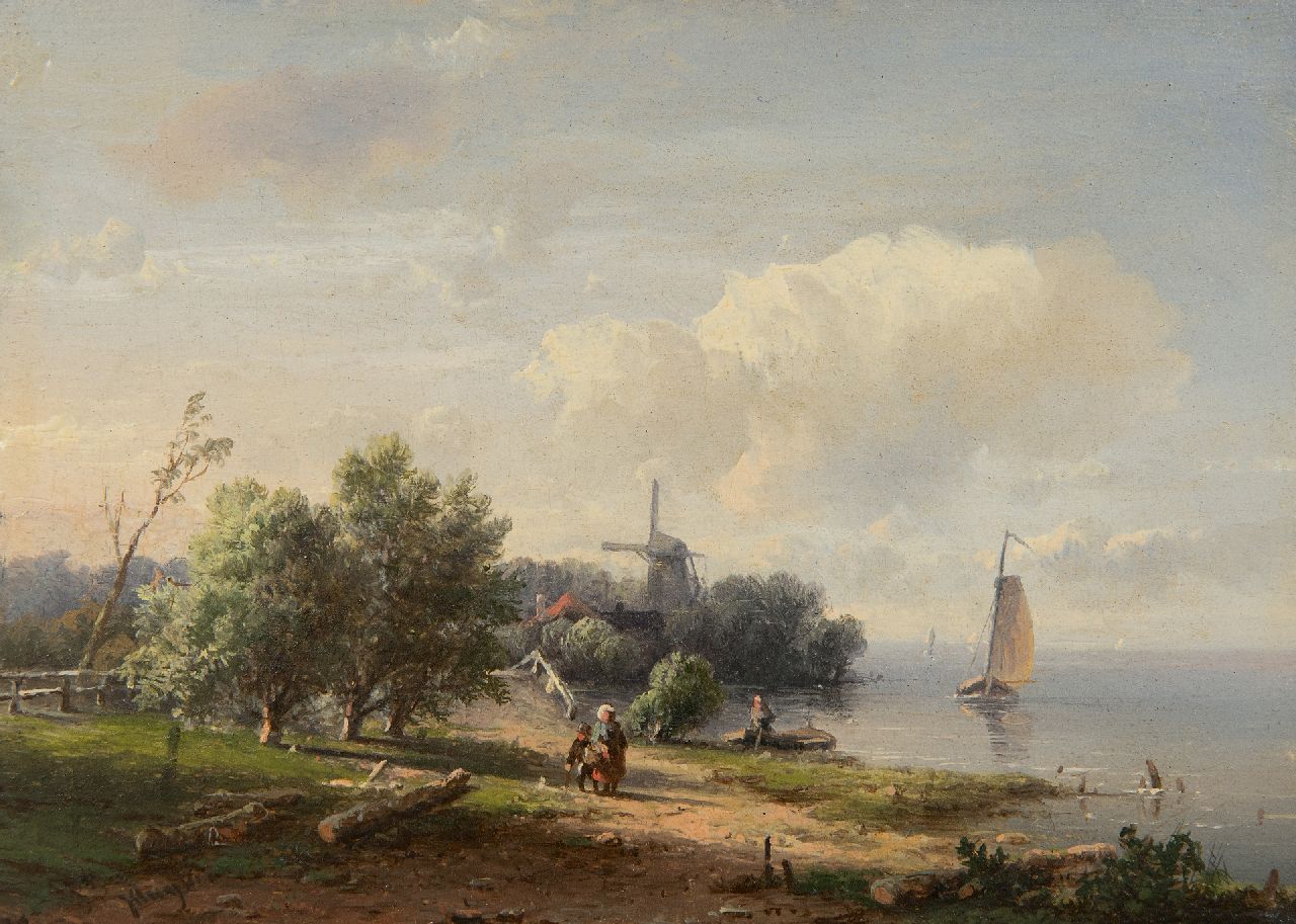 Kluyver P.L.F.  | 'Pieter' Lodewijk Francisco Kluyver | Schilderijen te koop aangeboden | Zomers landschap met figuren en molen langs het water, olieverf op paneel 13,2 x 18,5 cm, gesigneerd linksonder