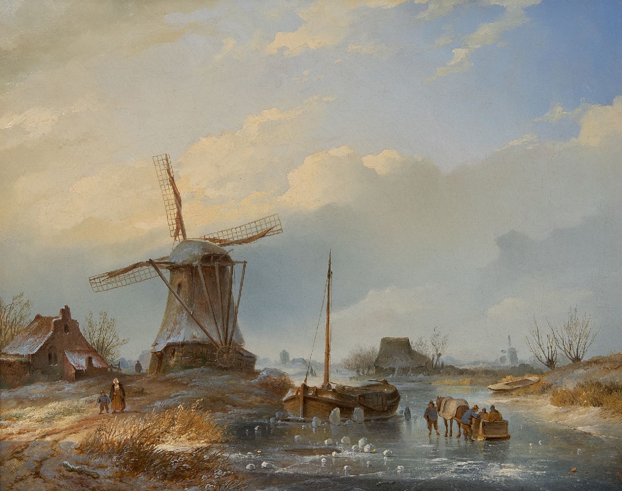 Hilverdink J.  | Johannes Hilverdink, Winterlandschap met figuren op het ijs bij een molen, olieverf op doek 40,0 x 50,5 cm, gesigneerd linksonder en gedateerd 1842