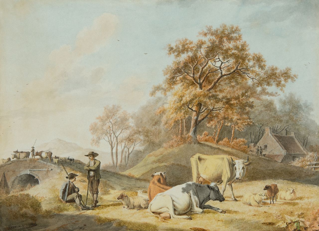 Koekkoek B.C.  | Barend Cornelis Koekkoek | Aquarellen en tekeningen te koop aangeboden | Arcadisch landschap met herders en vee, inkt en aquarel op papier 26,7 x 37,5 cm, gesigneerd linksonder en te dateren ca 1820-23