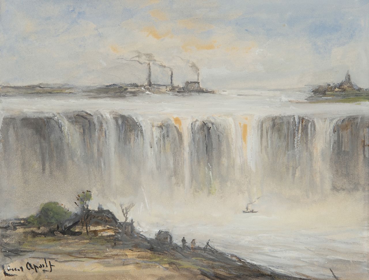 Apol L.F.H.  | Lodewijk Franciscus Hendrik 'Louis' Apol | Aquarellen en tekeningen te koop aangeboden | De Niagara watervallen, aquarel en gouache op papier 15,0 x 19,8 cm, gesigneerd linksonder en verso gedateerd 1895