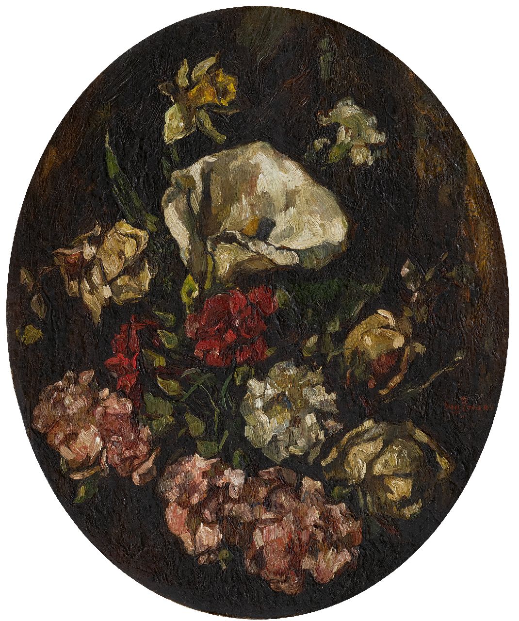 Zwart W.H.P.J. de | Wilhelmus Hendrikus Petrus Johannes 'Willem' de Zwart | Schilderijen te koop aangeboden | Boeket met een aronskelk, narcis en rozen, olieverf op doek 44,2 x 35,3 cm, gesigneerd rechts van het midden Zwart W.H.P.J. de | Wilhelmus Hendrikus Petrus Johannes 'Willem' de Zwart | Schilderijen te koop aangeboden | Boeket met een aronskelk, narcis en rozen, olieverf op doek 44,2 x 35,3 cm, gesigneerd rechts van het midden