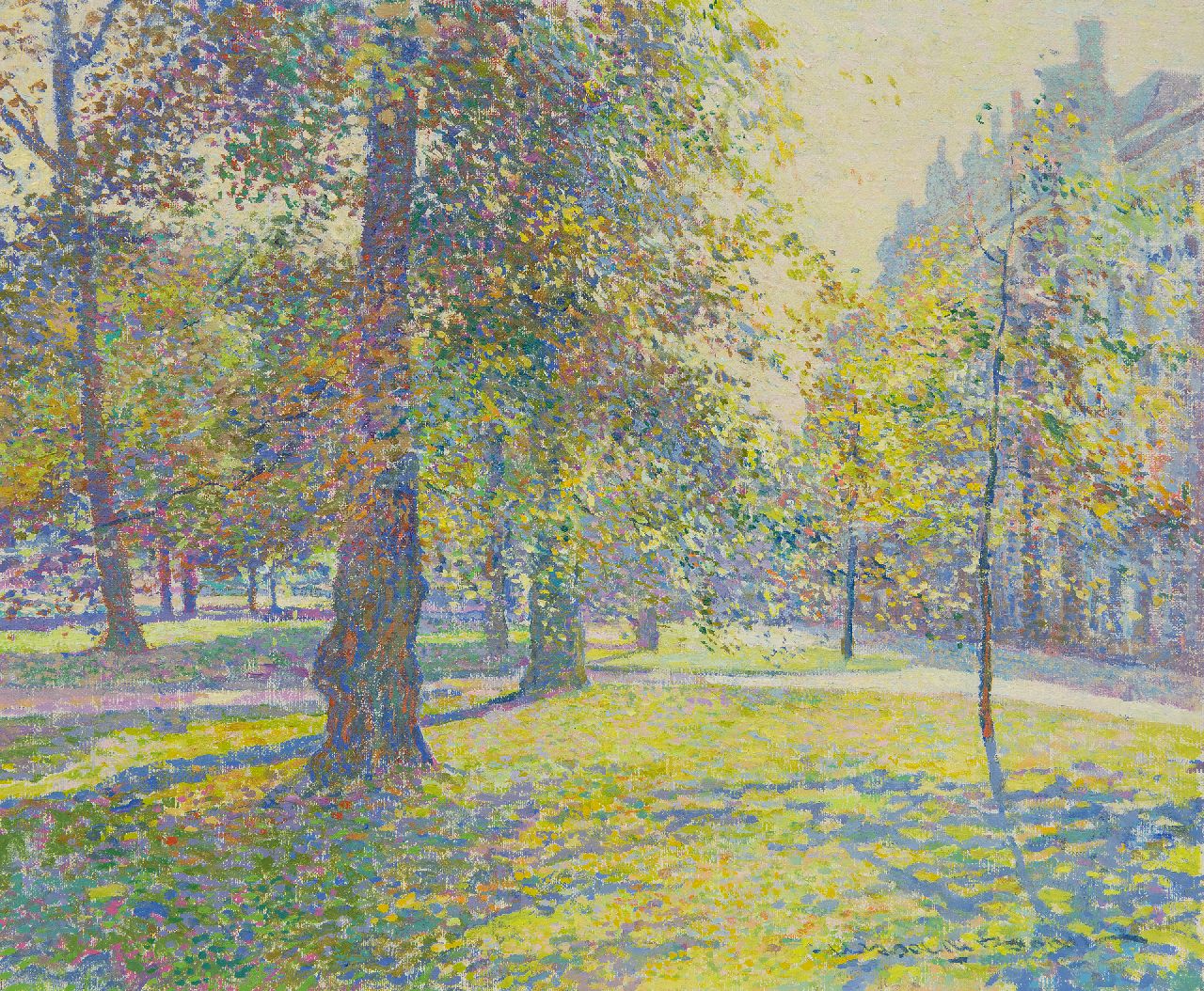 Boer H. de | Hessel de Boer, Tegenlicht, Lange Voorhout in Den Haag, olieverf op doek 38,0 x 46,3 cm, gesigneerd rechtsonder Boer H. de | Hessel de Boer, Tegenlicht, Lange Voorhout in Den Haag, olieverf op doek 38,0 x 46,3 cm, gesigneerd rechtsonder