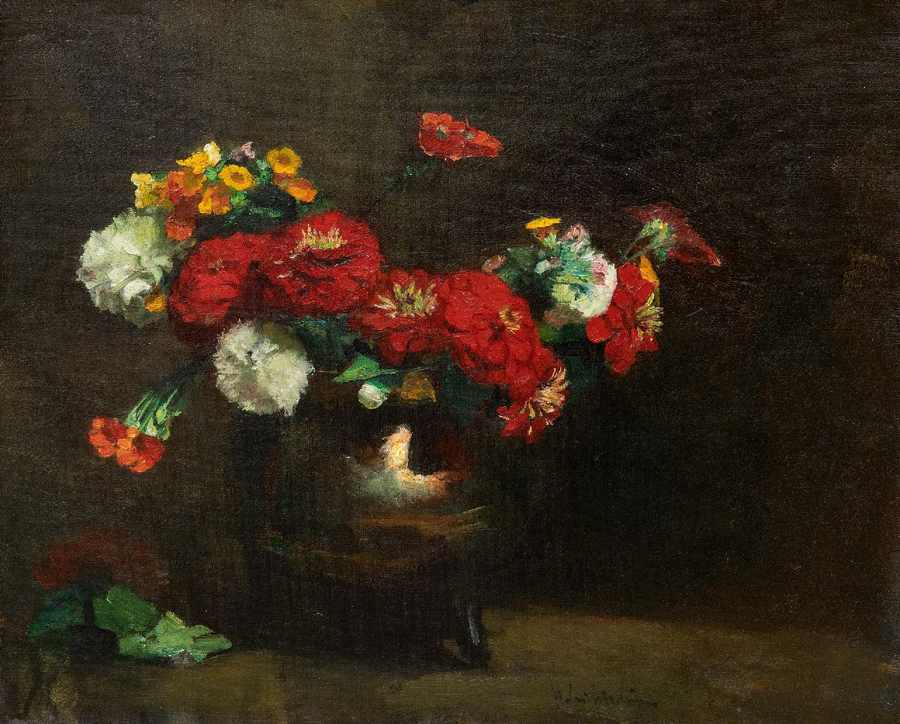 Arntzenius P.F.N.J.  | Pieter Florentius Nicolaas Jacobus 'Floris' Arntzenius | Schilderijen te koop aangeboden | Zinnia's in koperen vaas, olieverf op doek 43,0 x 50,4 cm, gesigneerd rechts van het midden