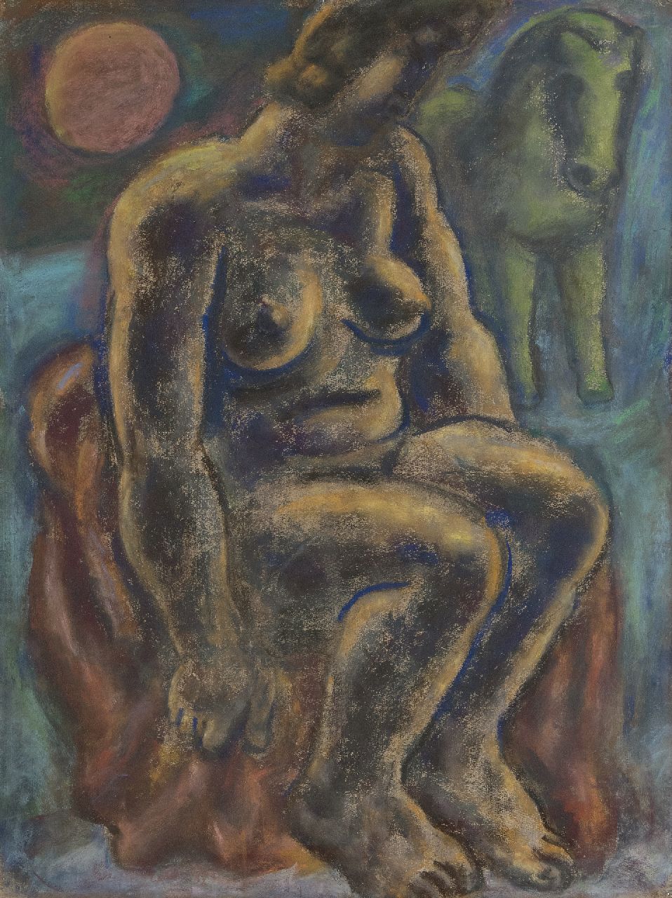 Gestel L.  | Leendert 'Leo' Gestel | Aquarellen en tekeningen te koop aangeboden | Zittende vrouw met paard, pastel op papier 63,0 x 48,0 cm, gesigneerd linksonder (resten) en gedateerd 32 (vaag)