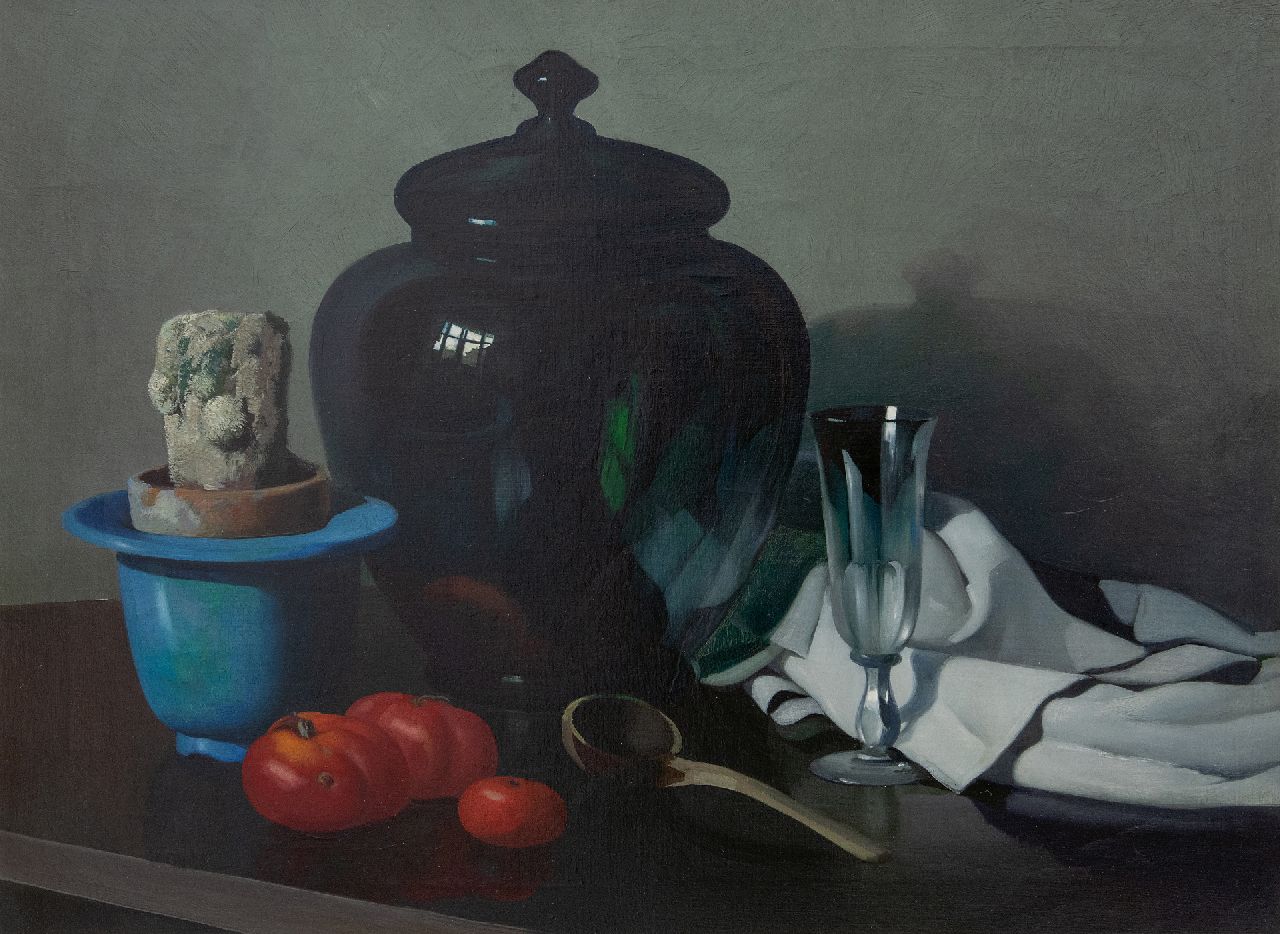 Hoff A.J. van 't | Adrianus Johannes 'Adriaan' van 't Hoff | Schilderijen te koop aangeboden | Stilleven met cactus in een pot, glazen bowl en tomaten, olieverf op doek 56,7 x 75,8 cm Hoff A.J. van 't | Adrianus Johannes 'Adriaan' van 't Hoff | Schilderijen te koop aangeboden | Stilleven met cactus in een pot, glazen bowl en tomaten, olieverf op doek 56,7 x 75,8 cm