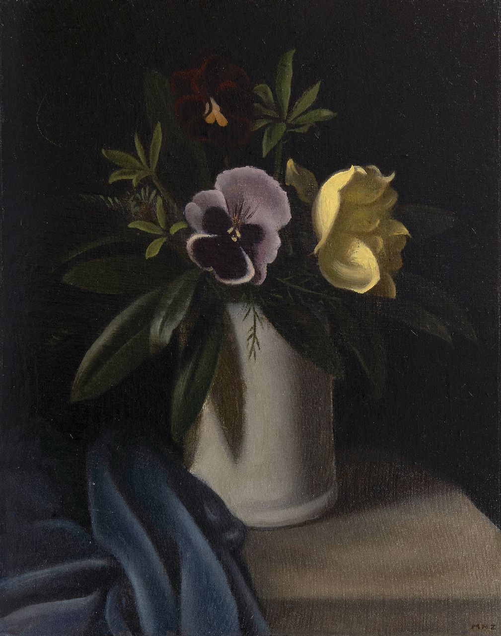 Hynckes-Zahn M. | Marguerite Hynckes-Zahn | Schilderijen te koop aangeboden | Bloemstilleven met viooltje en roos, olieverf op doek op board 42,6 x 33,7 cm, gesigneerd rechtsonder met initialen Hynckes-Zahn M. | Marguerite Hynckes-Zahn | Schilderijen te koop aangeboden | Bloemstilleven met viooltje en roos, olieverf op doek op board 42,6 x 33,7 cm, gesigneerd rechtsonder met initialen