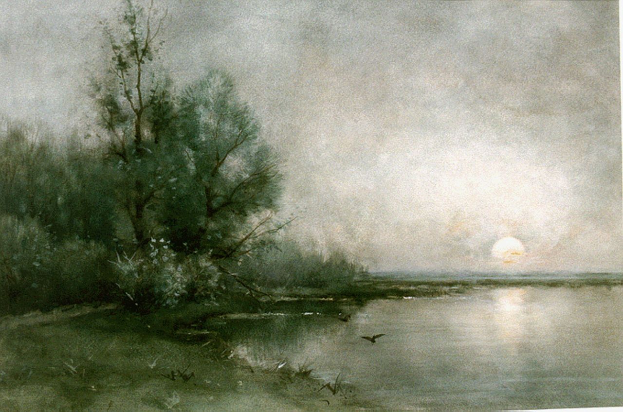 Rossum du Chattel F.J. van | Fredericus Jacobus van Rossum du Chattel, Plasgezicht met ondergaande zon, aquarel op papier 32,2 x 49,4 cm, gesigneerd linksonder Rossum du Chattel F.J. van | Fredericus Jacobus van Rossum du Chattel, Plasgezicht met ondergaande zon, aquarel op papier 32,2 x 49,4 cm, gesigneerd linksonder