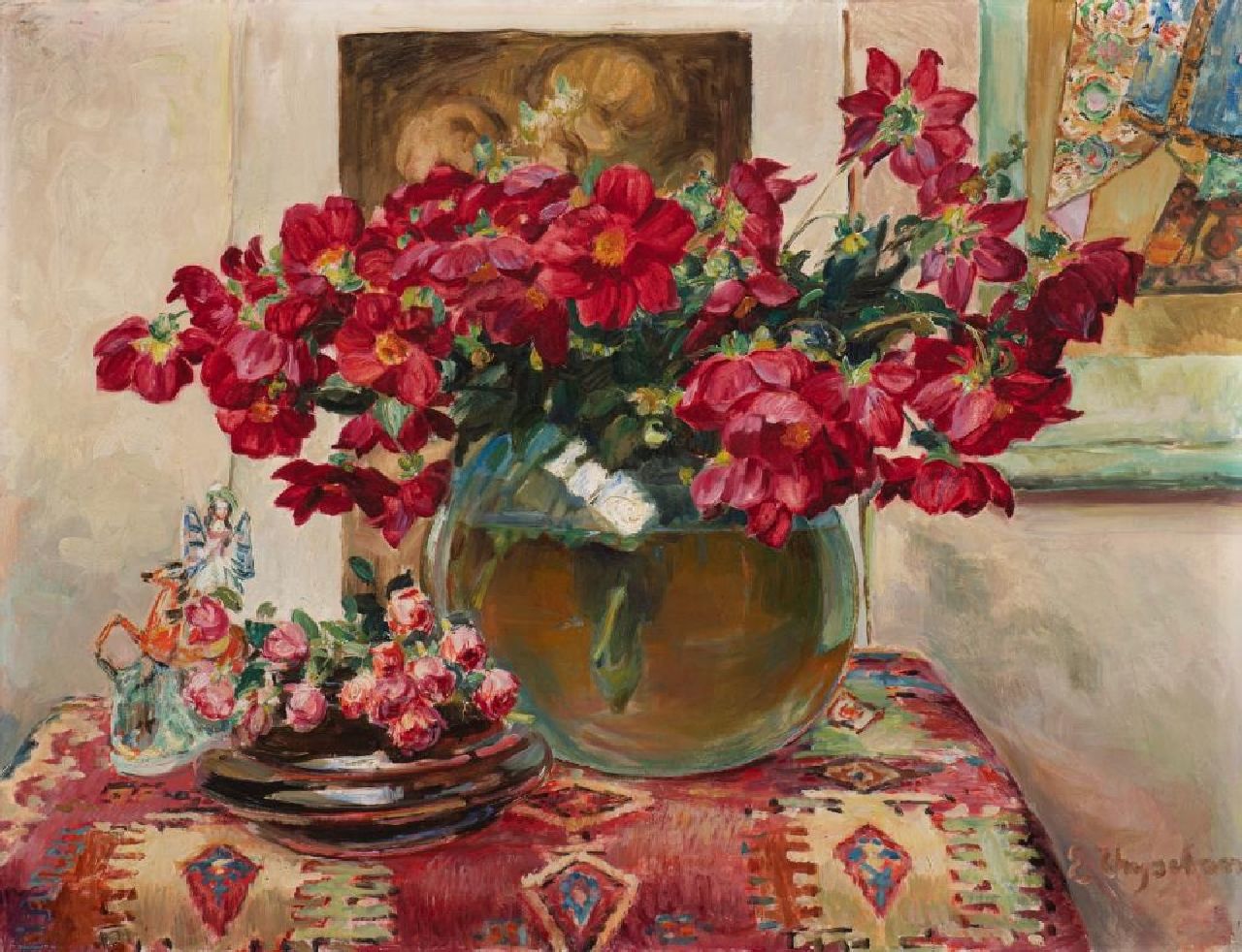 Thysebaert E. | Emile Thysebaert | Schilderijen te koop aangeboden | Stilleven met vaas met dahlia's en engelfiguurtje, olieverf op doek 101,3 x 130,6 cm, gesigneerd rechtsonder Thysebaert E. | Emile Thysebaert | Schilderijen te koop aangeboden | Stilleven met vaas met dahlia's en engelfiguurtje, olieverf op doek 101,3 x 130,6 cm, gesigneerd rechtsonder
