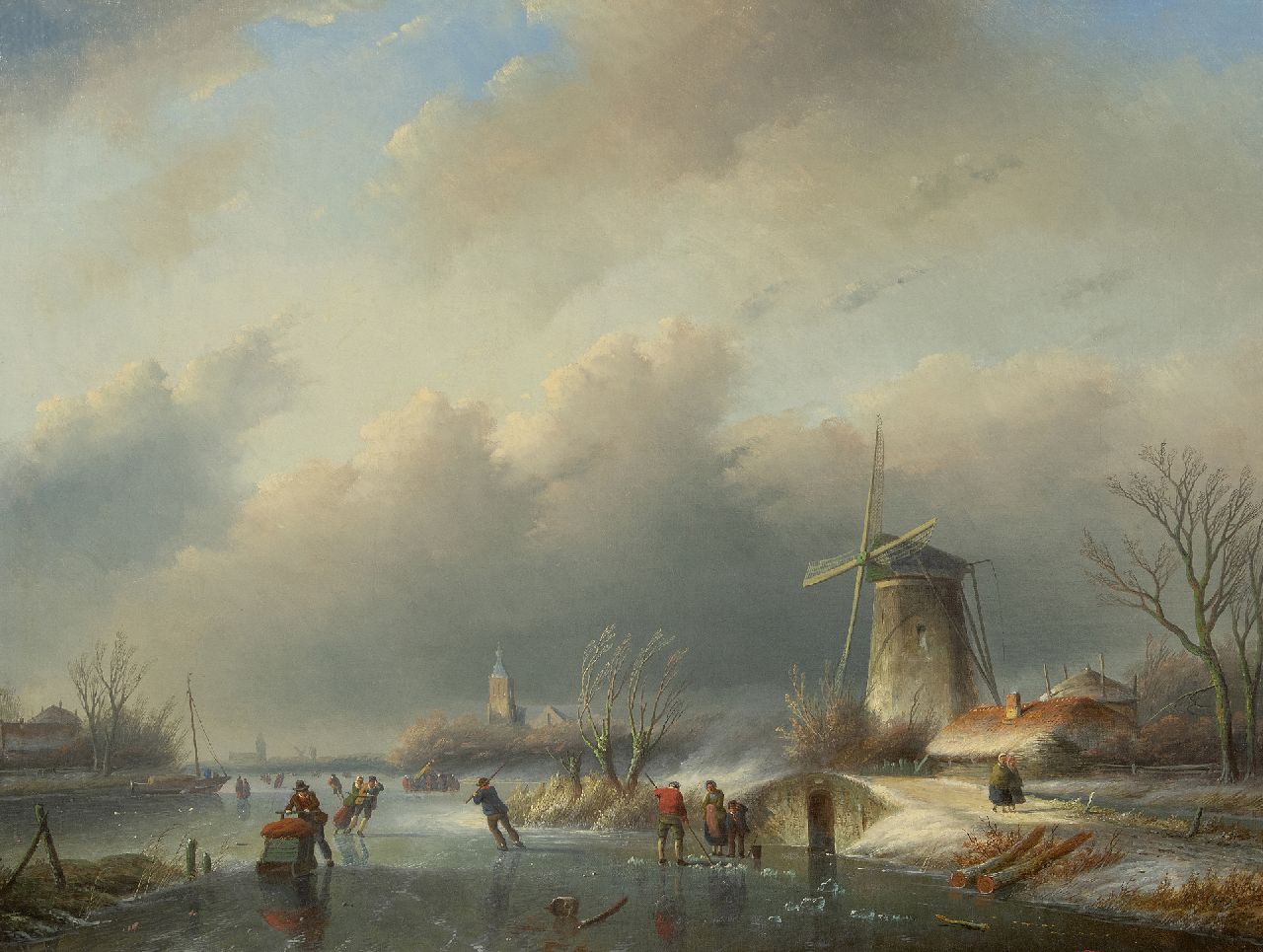Spohler J.J. | Jan Jacob Spohler | Schilderijen te koop aangeboden | Bedrijvigheid op het ijs bij een molen, olieverf op doek 60,2 x 80,0 cm, gesigneerd linksonder Spohler J.J. | Jan Jacob Spohler | Schilderijen te koop aangeboden | Bedrijvigheid op het ijs bij een molen, olieverf op doek 60,2 x 80,0 cm, gesigneerd linksonder