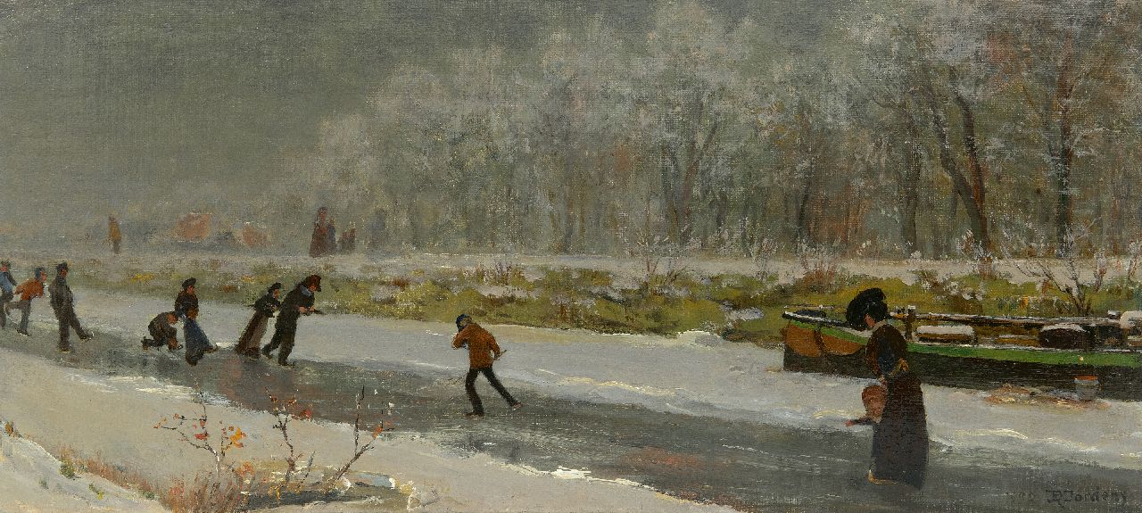Jordens D.  | Daniël Jordens | Schilderijen te koop aangeboden | Zwierende schaatsers op een vaart, olieverf op doek op board 27,3 x 59,8 cm, gesigneerd rechtsonder en gedateerd 1909