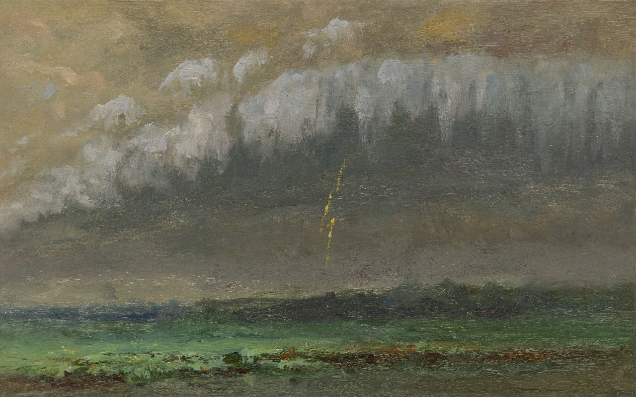 Europese School, 19e eeuw | Europese School, 19e eeuw | Schilderijen te koop aangeboden | Onweer boven een weidelandschap, olieverf op schildersboard 20,4 x 31,8 cm, gesigneerd rechtsonder (vaag) Europese School, 19e eeuw | Europese School, 19e eeuw | Schilderijen te koop aangeboden | Onweer boven een weidelandschap, olieverf op schildersboard 20,4 x 31,8 cm, gesigneerd rechtsonder (vaag)