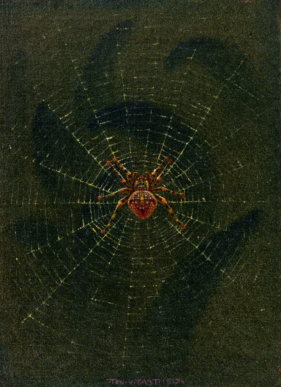Tast (Anton van der Valk) T. van | Ton van Tast (Anton van der Valk) | Schilderijen te koop aangeboden | Spin in web, olieverf op doek op paneel 17,5 x 13,0 cm, gesigneerd middenonder en gedateerd 1917