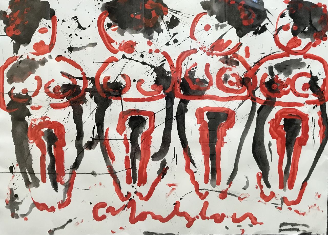 Heyboer A.  | Anton Heyboer | Aquarellen en tekeningen te koop aangeboden | Vier bruiden, gemengde techniek op papier 78,8 x 108,0 cm, gesigneerd middenonder