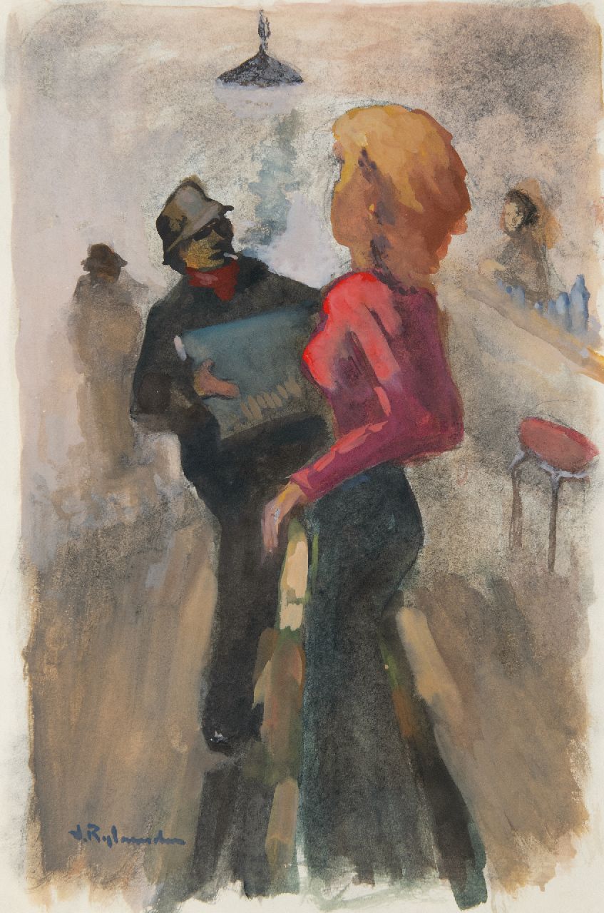 Rijlaarsdam J.  | Jan Rijlaarsdam, In het café, gemengde techniek op papier 40,8 x 28,4 cm, gesigneerd linksonder