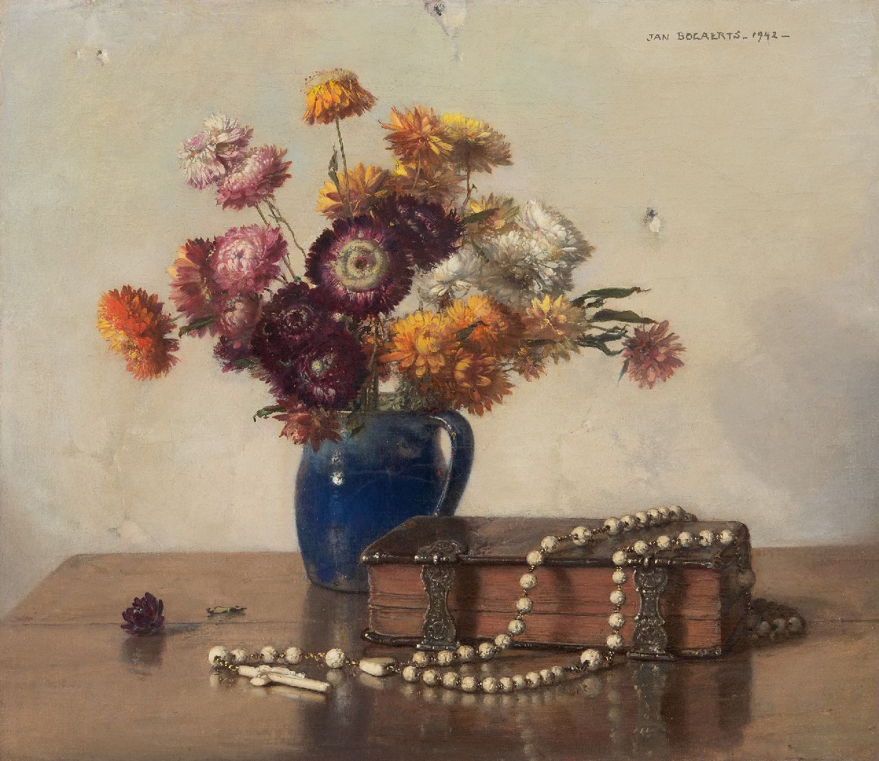 Bogaerts J.J.M. | Johannes Jacobus Maria 'Jan' Bogaerts | Schilderijen te koop aangeboden | Stilleven met bijbel en vaas met strobloemen, olieverf op doek 35,5 x 40,5 cm, gesigneerd rechtsboven en gedateerd 1942 Bogaerts J.J.M. | Johannes Jacobus Maria 'Jan' Bogaerts | Schilderijen te koop aangeboden | Stilleven met bijbel en vaas met strobloemen, olieverf op doek 35,5 x 40,5 cm, gesigneerd rechtsboven en gedateerd 1942