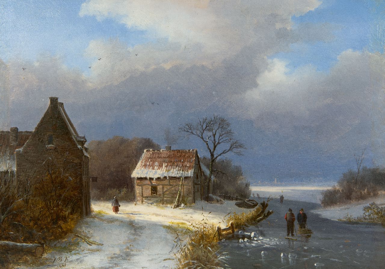 Klombeck J.B. | Johann Bernard Klombeck, Winters landschap met schaatsers en houtsprokkelaar, olieverf op paneel 22,9 x 31,3 cm, gesigneerd linksonder met initialen en gedateerd 1841 Klombeck J.B. | Johann Bernard Klombeck, Winters landschap met schaatsers en houtsprokkelaar, olieverf op paneel 22,9 x 31,3 cm, gesigneerd linksonder met initialen en gedateerd 1841