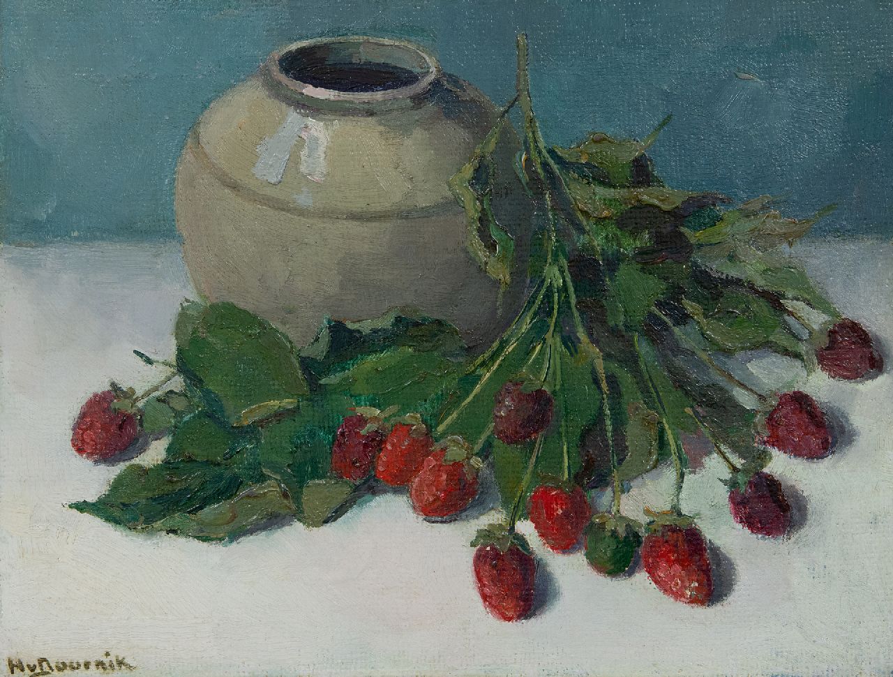 Doornik H. van | Heertje van Doornik, Stilleven van wilde aardbeien en gemberpot, olieverf op schildersboard 24,0 x 31,6 cm, gesigneerd linksonder Doornik H. van | Heertje van Doornik, Stilleven van wilde aardbeien en gemberpot, olieverf op schildersboard 24,0 x 31,6 cm, gesigneerd linksonder