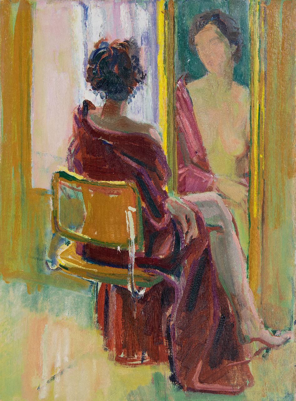 Baan J.L. van der | 'Jan' Lucas van der Baan, Naakt, zittend voor een spiegel, olieverf op doek 80,4 x 60,5 cm, zonder lijst
