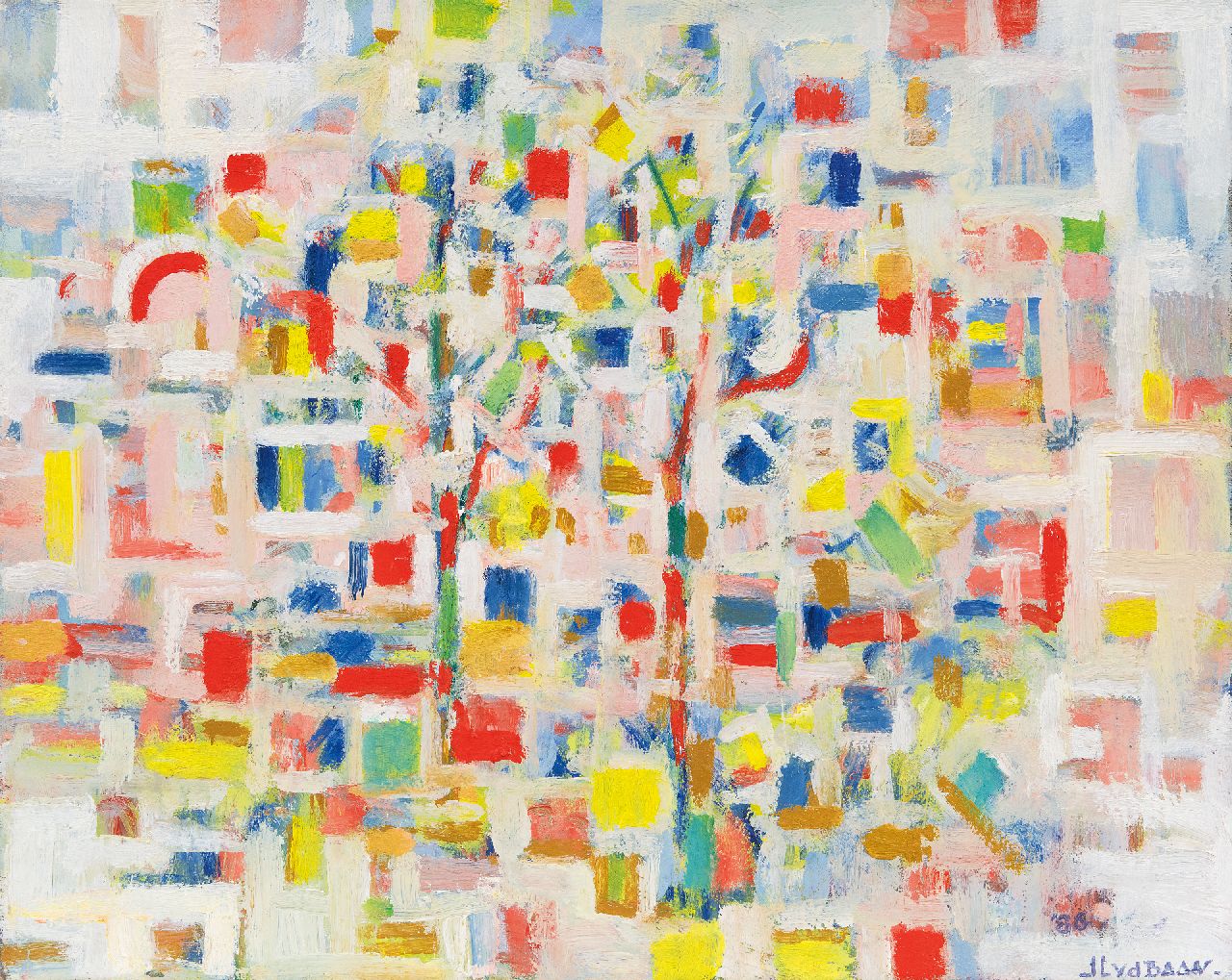 Baan J.L. van der | 'Jan' Lucas van der Baan, Abstractie van boom, olieverf op doek 40,3 x 50,0 cm, gesigneerd rechtsonder en gedateerd '80 Baan J.L. van der | 'Jan' Lucas van der Baan, Abstractie van boom, olieverf op doek 40,3 x 50,0 cm, gesigneerd rechtsonder en gedateerd '80