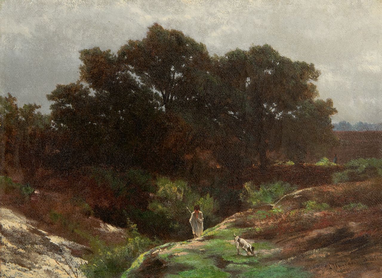 Louwrens Hanedoes | Herdersjongen met zijn hond in een heidelandschap, olieverf op doek, 25,4 x 34,2 cm, gesigneerd r.o. en verso met naamstempel en gedateerd 1863, zonder lijst Louwrens Hanedoes | Herdersjongen met zijn hond in een heidelandschap, olieverf op doek, 25,4 x 34,2 cm, gesigneerd r.o. en verso met naamstempel en gedateerd 1863, zonder lijst