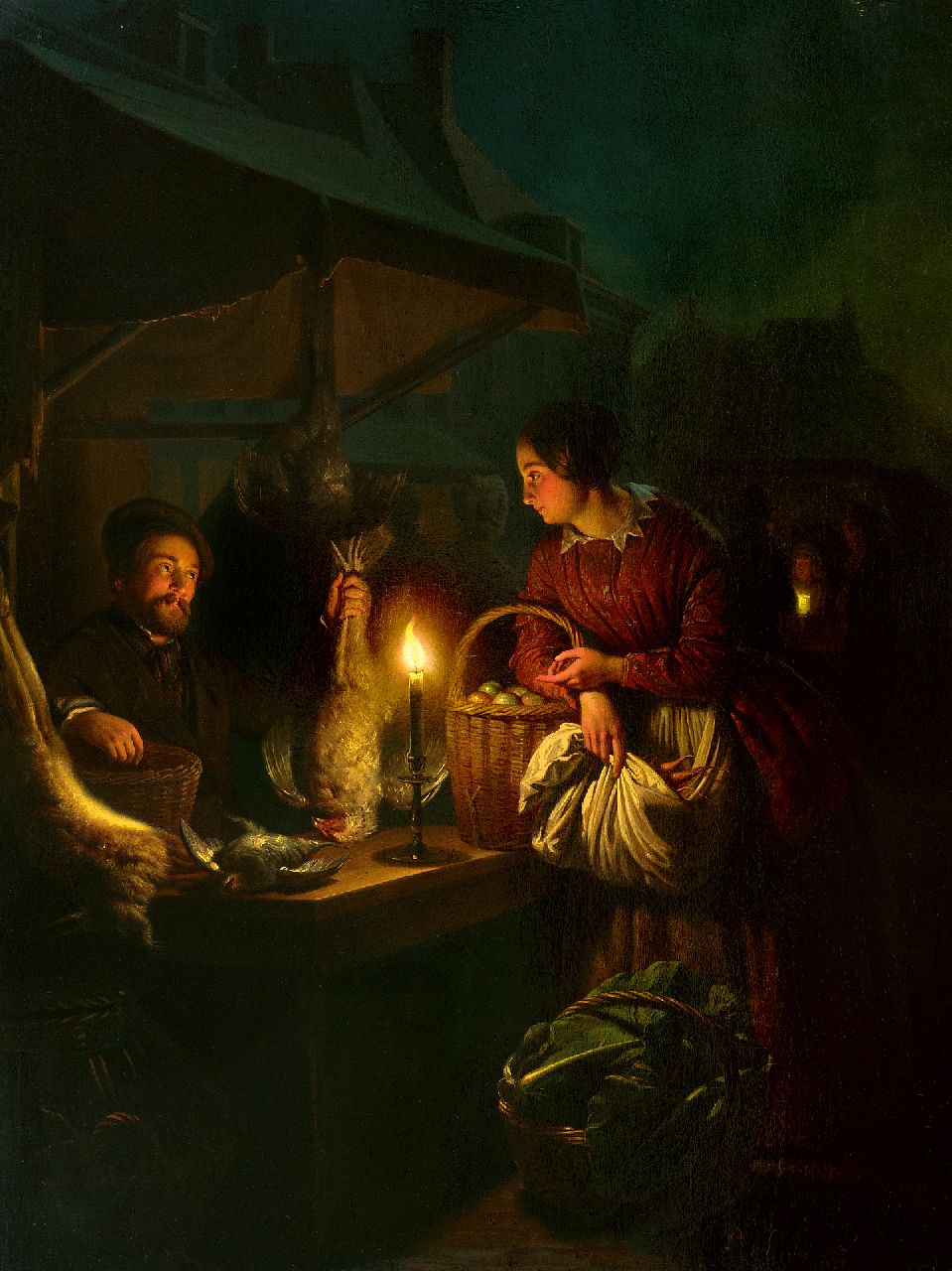 Schendel P. van | Petrus van Schendel, Wild- en gevogelteverkoper bij kaarslicht, olieverf op paneel 57,0 x 42,8 cm, gesigneerd rechtsonder en gedateerd 1856 Schendel P. van | Petrus van Schendel, Wild- en gevogelteverkoper bij kaarslicht, olieverf op paneel 57,0 x 42,8 cm, gesigneerd rechtsonder en gedateerd 1856