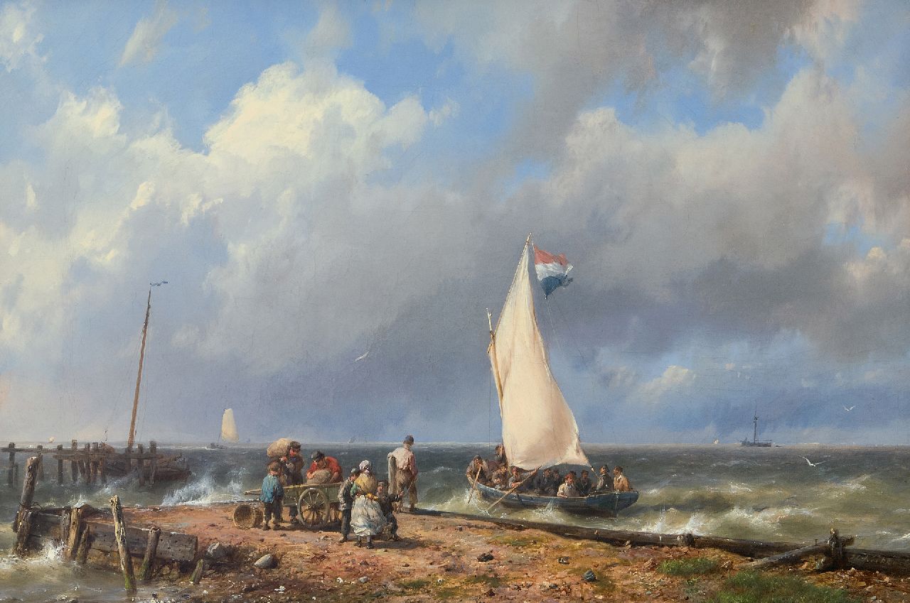 Koekkoek H. | Hermanus Koekkoek, Vertrekkend zeilschip bij de haveningang, olieverf op doek 32,1 x 46,9 cm, gesigneerd rechtsonder en VERKOCHT Koekkoek H. | Hermanus Koekkoek, Vertrekkend zeilschip bij de haveningang, olieverf op doek 32,1 x 46,9 cm, gesigneerd rechtsonder en VERKOCHT