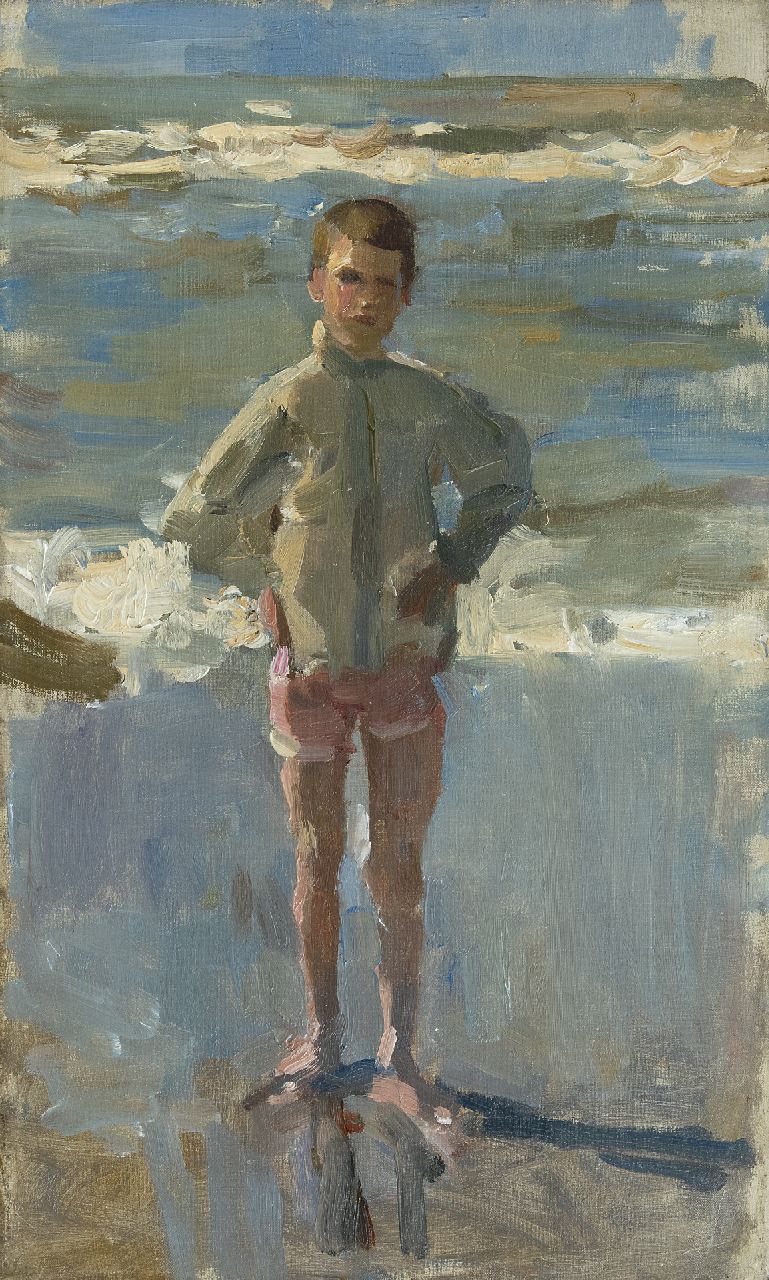 Israels I.L.  | 'Isaac' Lazarus Israels, Jongen op het Scheveningse strand, olieverf op doek 50,0 x 30,0 cm, gesigneerd op spieraam en te dateren 1895-1905