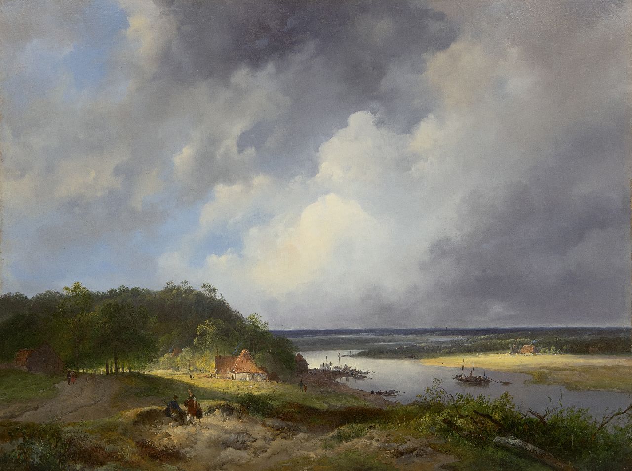 Nuijen W.J.J. | Wijnandus Johannes Josephus 'Wijnand' Nuijen | Schilderijen te koop aangeboden | Weidse riviervallei, mogelijk de Rijn, olieverf op paneel 41,9 x 55,3 cm, gesigneerd middenonder (in een schutkleur) en gedateerd 1831 Nuijen W.J.J. | Wijnandus Johannes Josephus 'Wijnand' Nuijen | Schilderijen te koop aangeboden | Weidse riviervallei, mogelijk de Rijn, olieverf op paneel 41,9 x 55,3 cm, gesigneerd middenonder (in een schutkleur) en gedateerd 1831