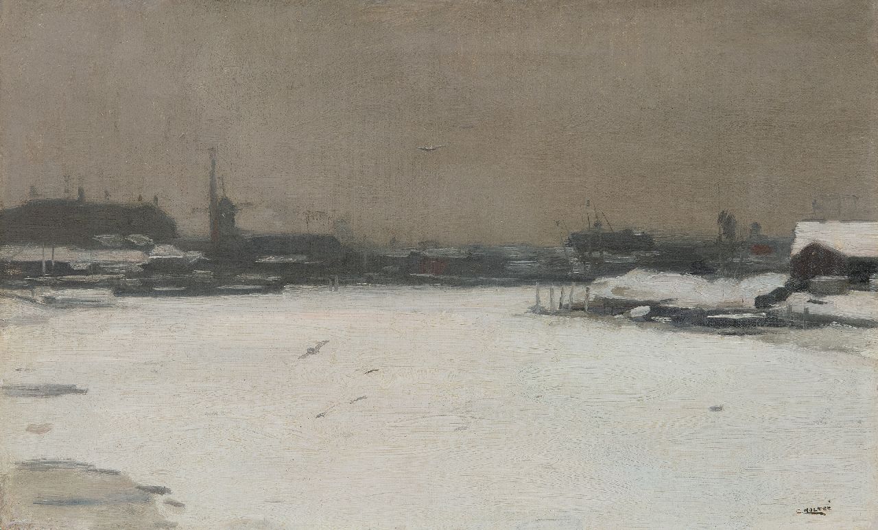 Noltee B.C. | Bernardus Cornelis 'Cor' Noltee | Schilderijen te koop aangeboden | Riviergezicht in de winter, olieverf op doek 30,5 x 49,2 cm, gesigneerd rechtsonder Noltee B.C. | Bernardus Cornelis 'Cor' Noltee | Schilderijen te koop aangeboden | Riviergezicht in de winter, olieverf op doek 30,5 x 49,2 cm, gesigneerd rechtsonder