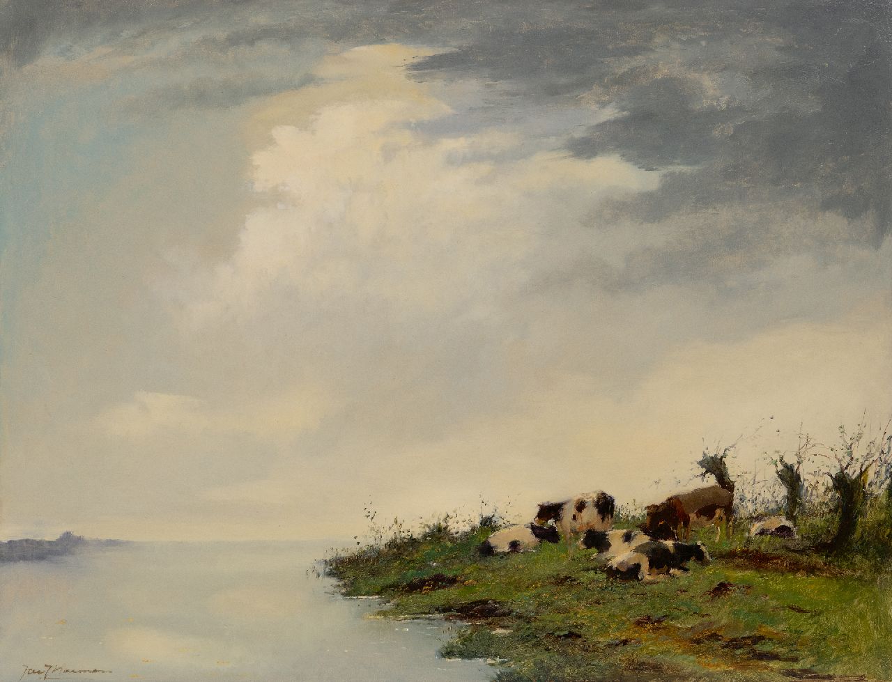 Koeman J.J. | Jacobus Jan 'Jac. J.' Koeman | Schilderijen te koop aangeboden | Koeien aan de rivieroever, olieverf op board 61,4 x 81,4 cm, gesigneerd linksonder Koeman J.J. | Jacobus Jan 'Jac. J.' Koeman | Schilderijen te koop aangeboden | Koeien aan de rivieroever, olieverf op board 61,4 x 81,4 cm, gesigneerd linksonder