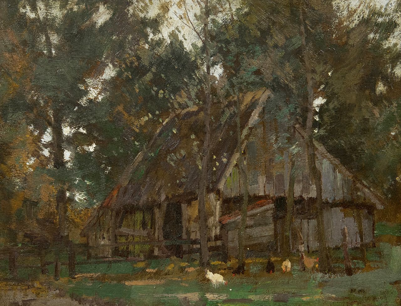 Meiners P. | Pieter 'Piet' Meiners | Schilderijen te koop aangeboden | Schuur in het bos, olieverf op doek 41,0 x 31,0 cm, gesigneerd rechtsonder met initialen Meiners P. | Pieter 'Piet' Meiners | Schilderijen te koop aangeboden | Schuur in het bos, olieverf op doek 41,0 x 31,0 cm, gesigneerd rechtsonder met initialen