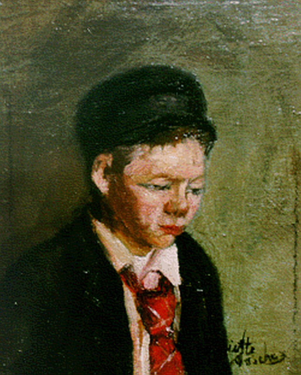Asscher H. | 'Henriëtte' Sophia Asscher, Portret van jongetje met das en hoed, olieverf op doek op paneel 19,8 x 17,5 cm, gesigneerd rechtsonder Asscher H. | 'Henriëtte' Sophia Asscher, Portret van jongetje met das en hoed, olieverf op doek op paneel 19,8 x 17,5 cm, gesigneerd rechtsonder