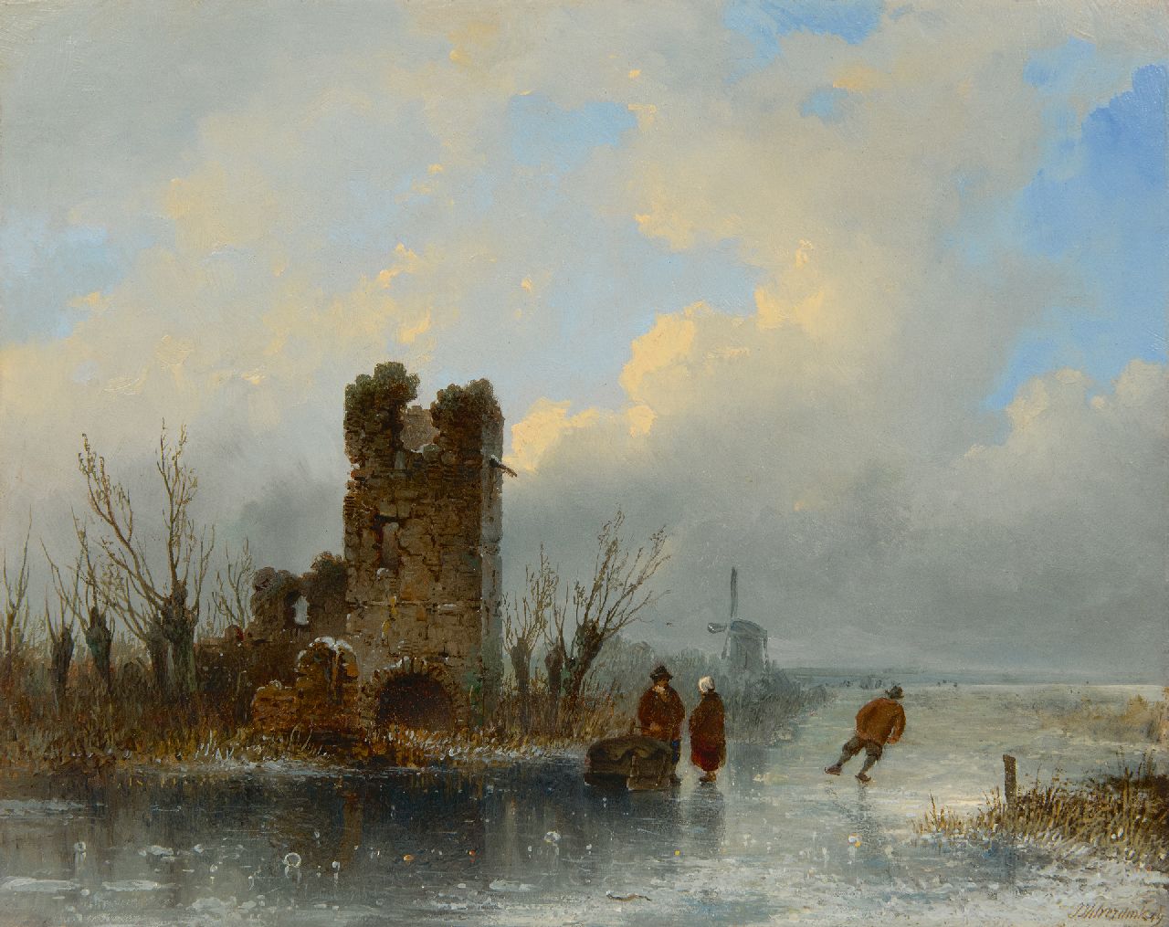 Hilverdink J.  | Johannes Hilverdink, Een winterdag op het ijs, olieverf op paneel 24,7 x 31,3 cm, gesigneerd rechtsonder en gedateerd '49