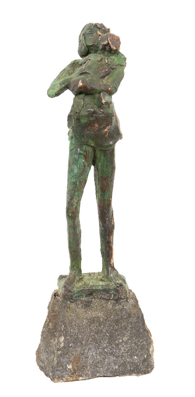 Bakker W.F.  | Willem Frederik 'Jits' Bakker | Beelden en objecten te koop aangeboden | Boertje laten (moeder en kind), brons 26,6 x 8,4 cm, gesigneerd op de basis