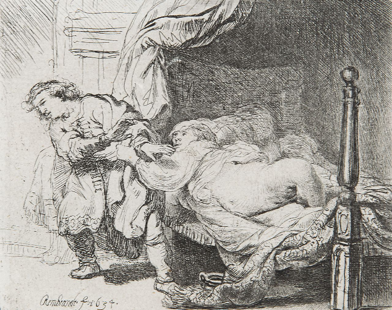 Rembrandt (Rembrandt Harmensz. van Rijn)   | Rembrandt (Rembrandt Harmensz. van Rijn), Jozef en de vrouw van Potifar, ets op papier 9,0 x 11,5 cm, gesigneerd linksonder in de plaat en gedateerd in de plaat 1634