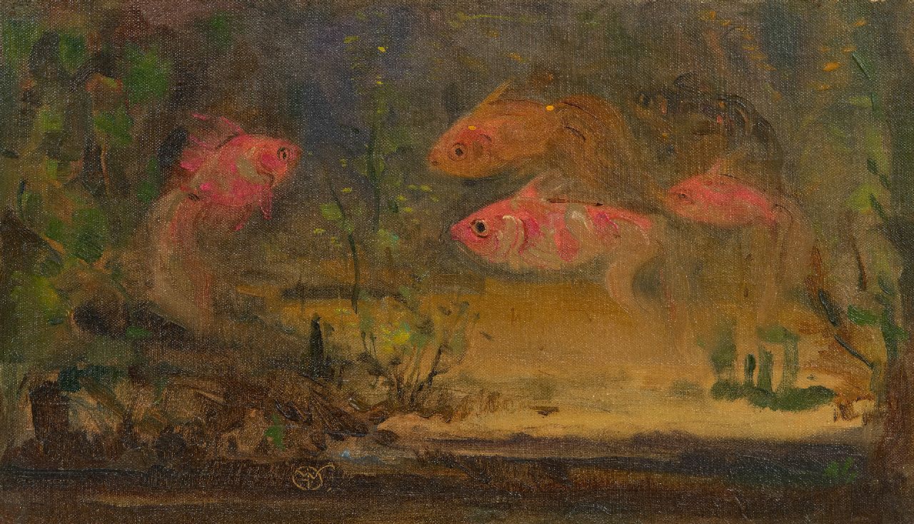 Dijsselhof G.W. | Gerrit Willem Dijsselhof, Sluierstaartvissen, olieverf op doek op board 19,1 x 31,6 cm, gesigneerd linksonder met monogram Dijsselhof G.W. | Gerrit Willem Dijsselhof, Sluierstaartvissen, olieverf op doek op board 19,1 x 31,6 cm, gesigneerd linksonder met monogram