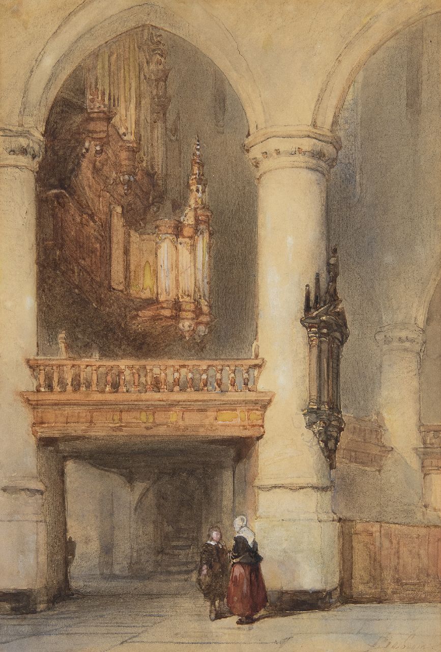 Bosboom J.  | Johannes Bosboom, Interieur van de Oude Kerk in Delft, krijt en aquarel op papier 28,2 x 19,5 cm, gesigneerd rechtsonder en te dateren ca. 1855
